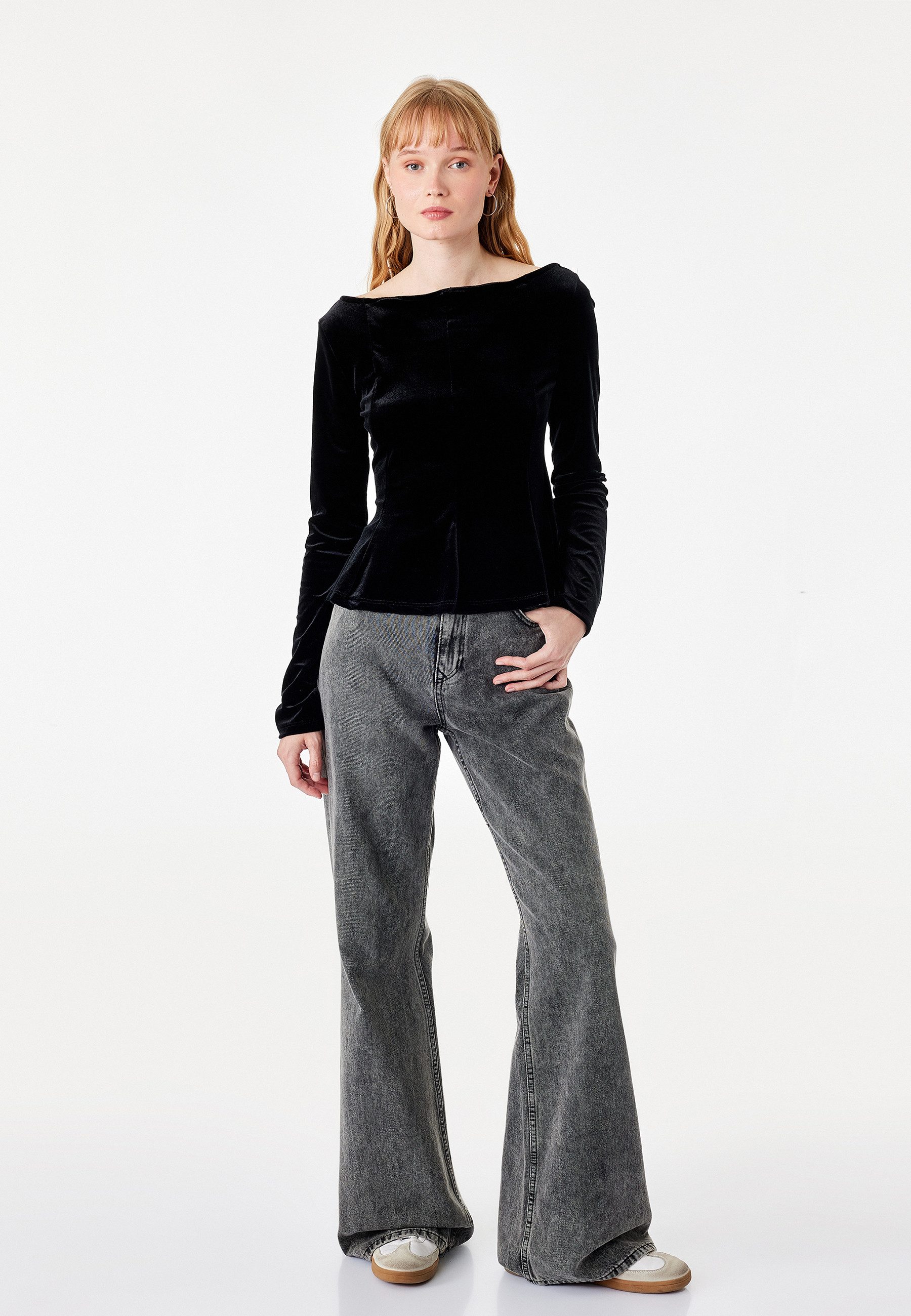 Koton Langarmshirt Koton Samt Slim Fit Peplum Langarmshirt