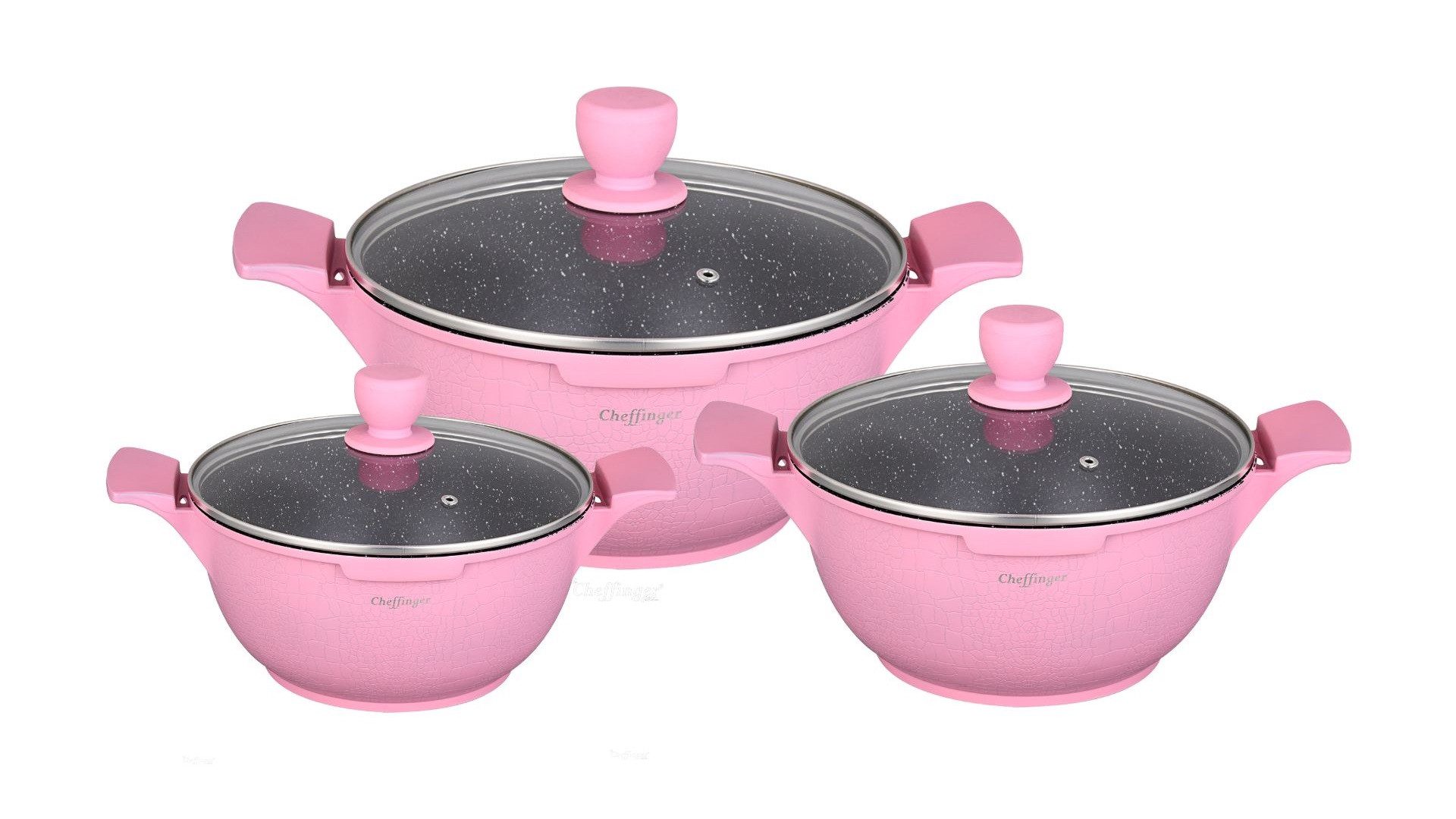 Cheffinger Kochtopf Kochtopfset 20-24-28cm 6-tlg Topf Induktion Alu Guss Geschirr Pink