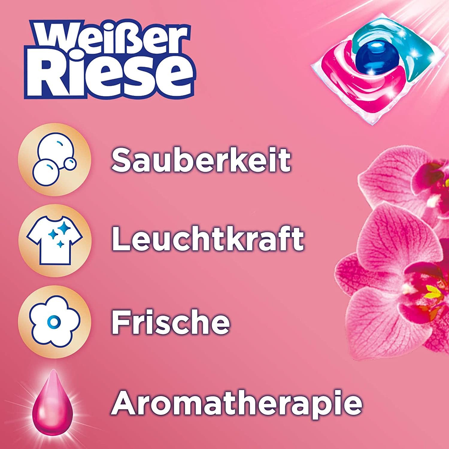 Weißer Riese Color Trio-Caps Aromatherapie Orchidee & Macadamiaöl 18 WL Colorwaschmittel (18-St. mit natürlichen Blütenessenzen)