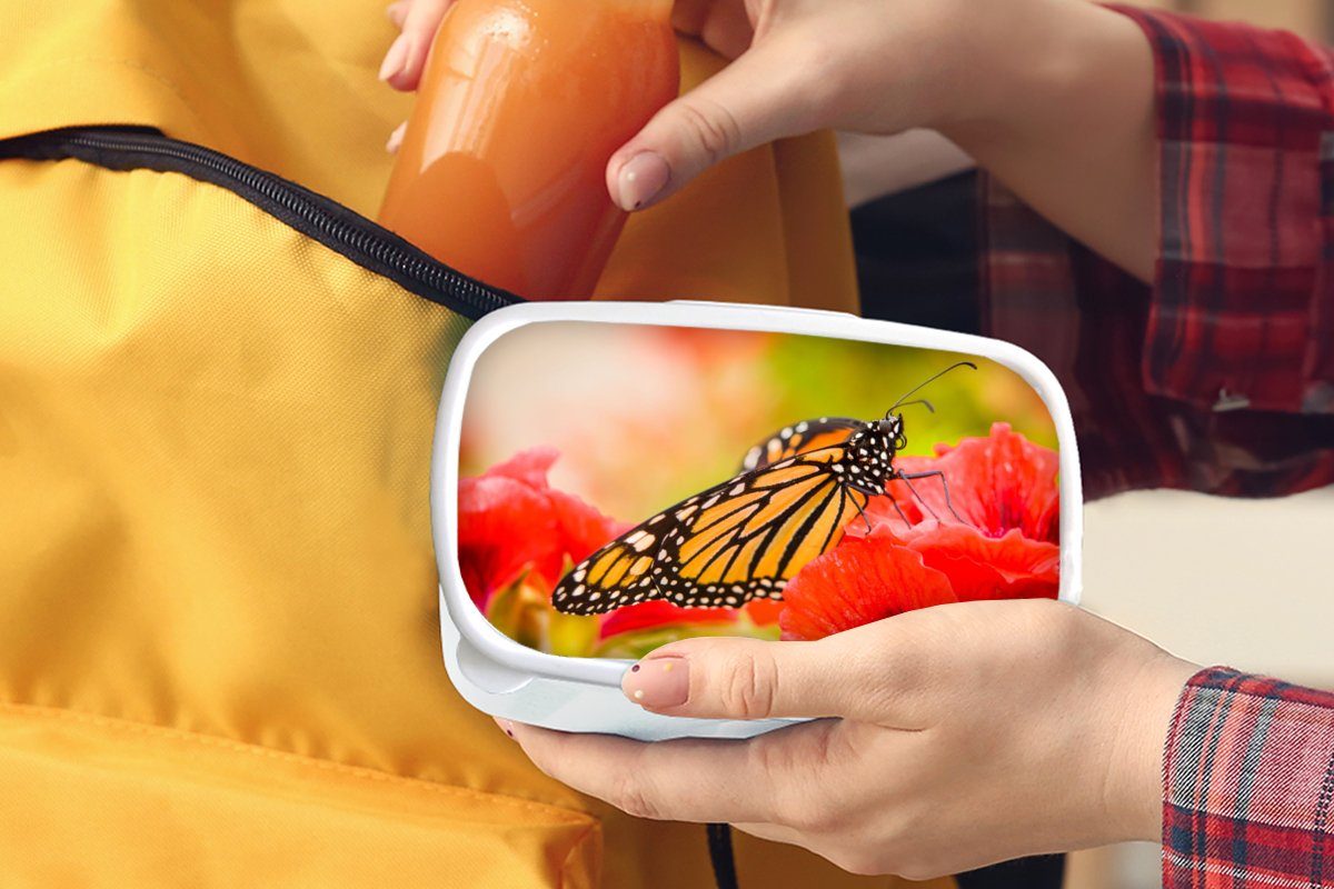 MuchoWow Lunchbox Blumen - Schmetterlinge und (2-tlg), Kunststoff, für Monarch, für Brotbox Brotdose, und Jungs Erwachsene, Mädchen - weiß Kinder
