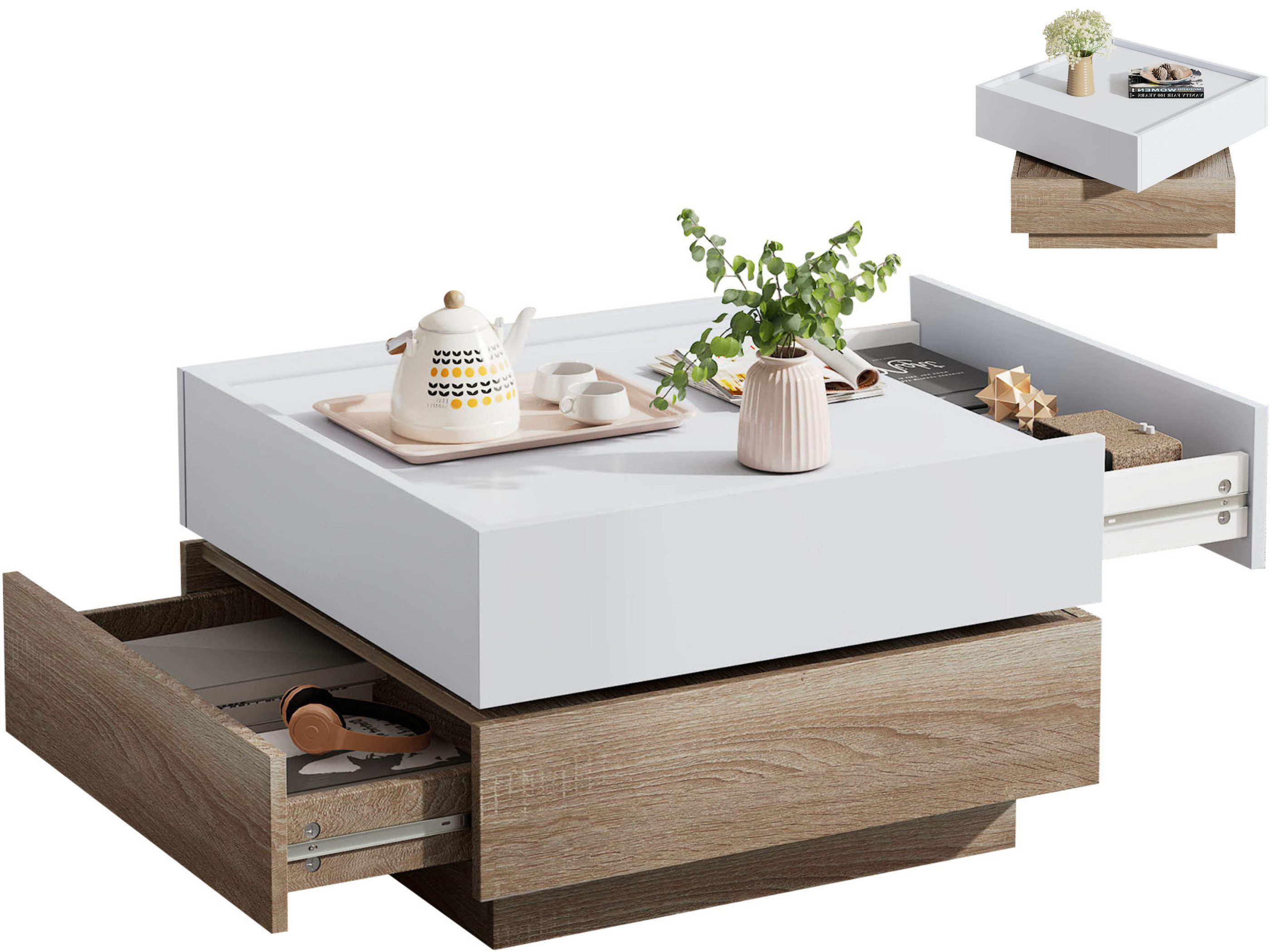 SeedWave Couchtisch Sofatisch, 360° Drehbare Ober-Tischplatte, 2 Grifflosen günstig online kaufen