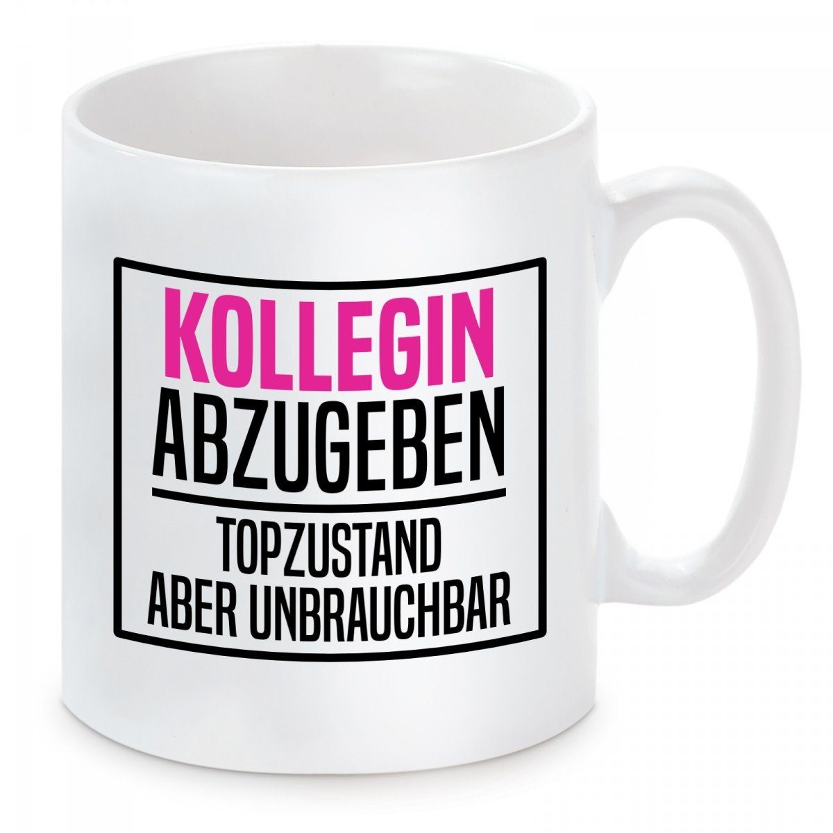 Herzbotschaft Tasse Kaffeebecher mit Motiv Kollegin abzugeben Top Zustand aber unbrauchbar, Keramik, Kaffeetasse spülmaschinenfest und mikrowellengeeignet