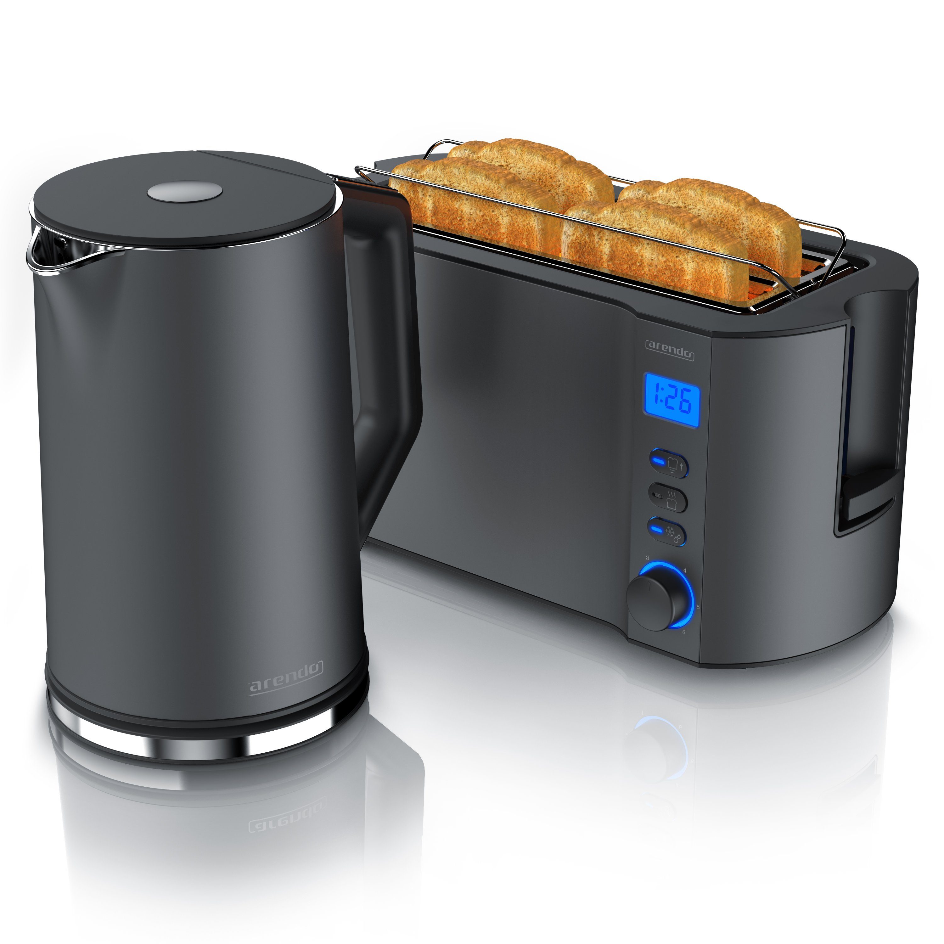 Arendo Frühstücks-Set Edelstahl Wasserkocher 1,5l, 4-Scheiben Langschlitz Toaster, Cool Grey (2-tlg), 40-100°C, Warmhaltefunktion, Display, 6 Bräunungsgrade, Brötchenhalter