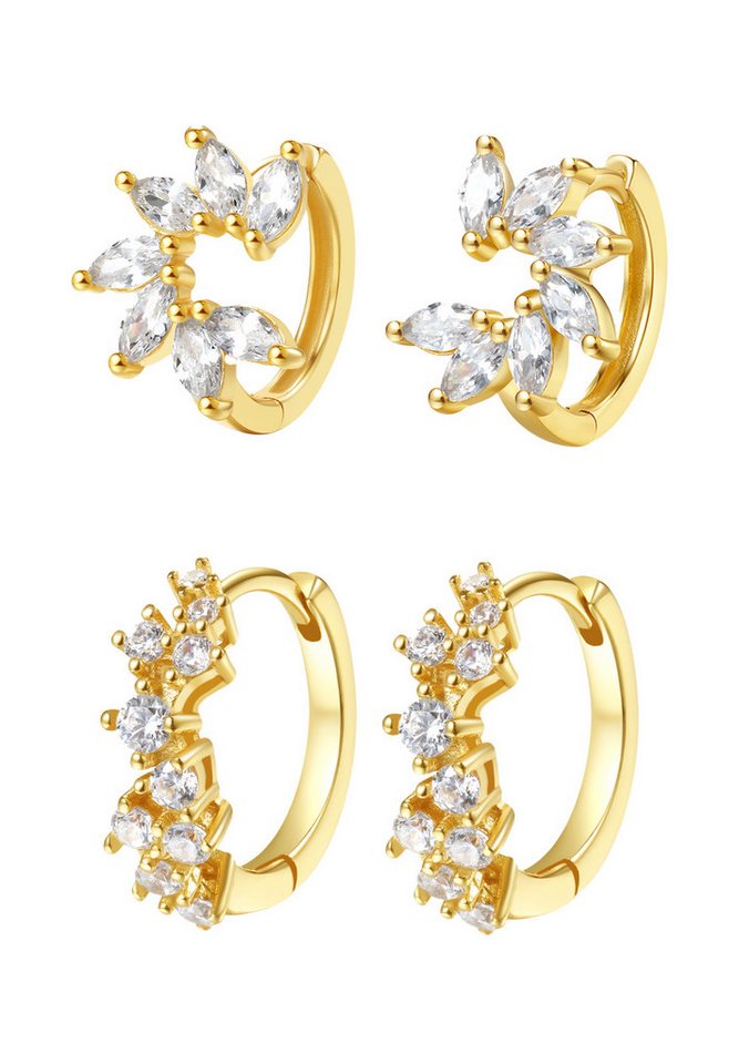 Hey Happiness Creolen-Set Layer Blumen, aus Silber 925 4-tlg., Florale Damen Silberohrringe mit Zirkonia, Vergoldet 18K