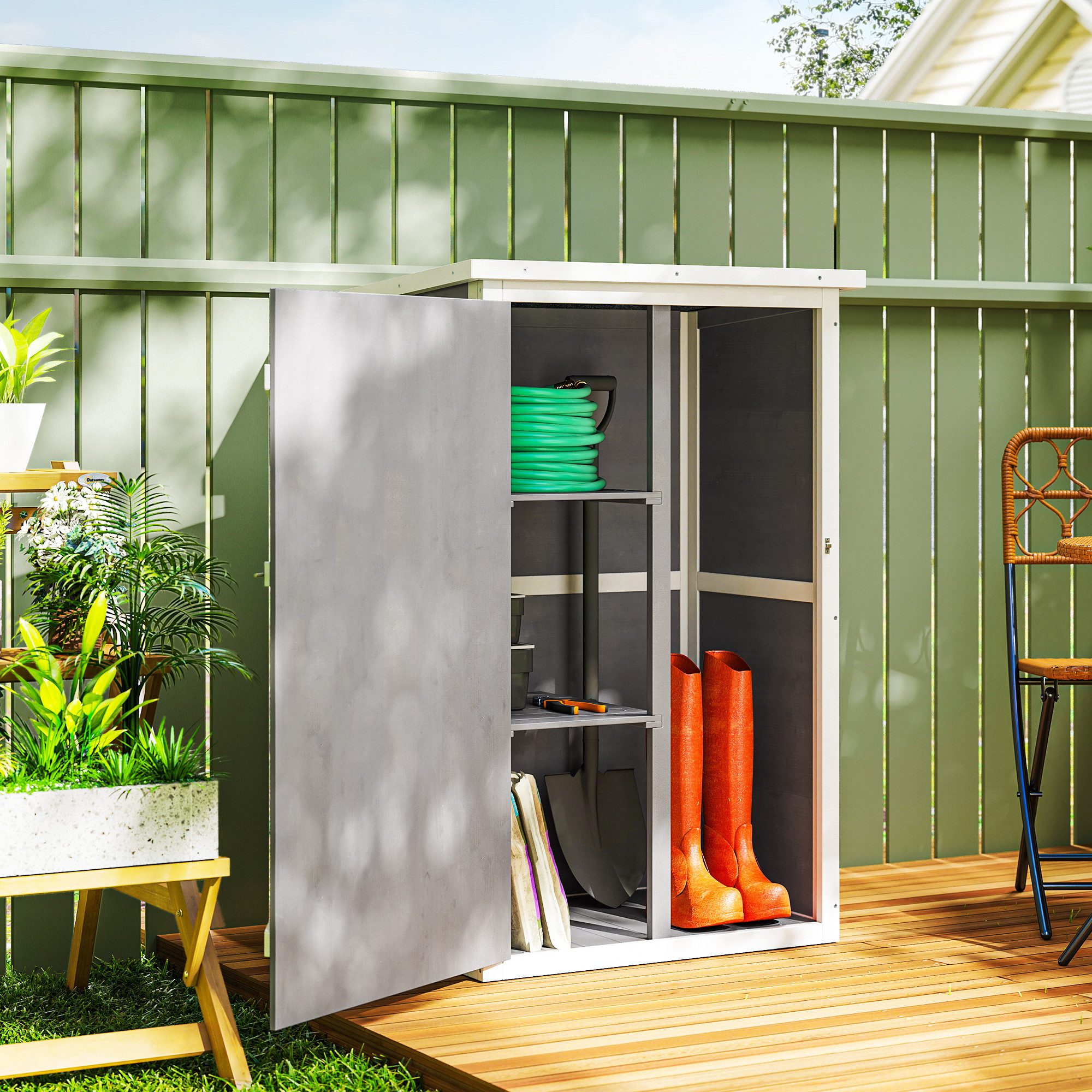 Outsunny Gerätehaus Gartenschrank Holz, Geräteschuppen wetterfest, BxT: 75x56 cm, (Gartenschrank, 1 St., Geräteschrank), für Garten, Naturholz, Schwarz+Grau+Weiß