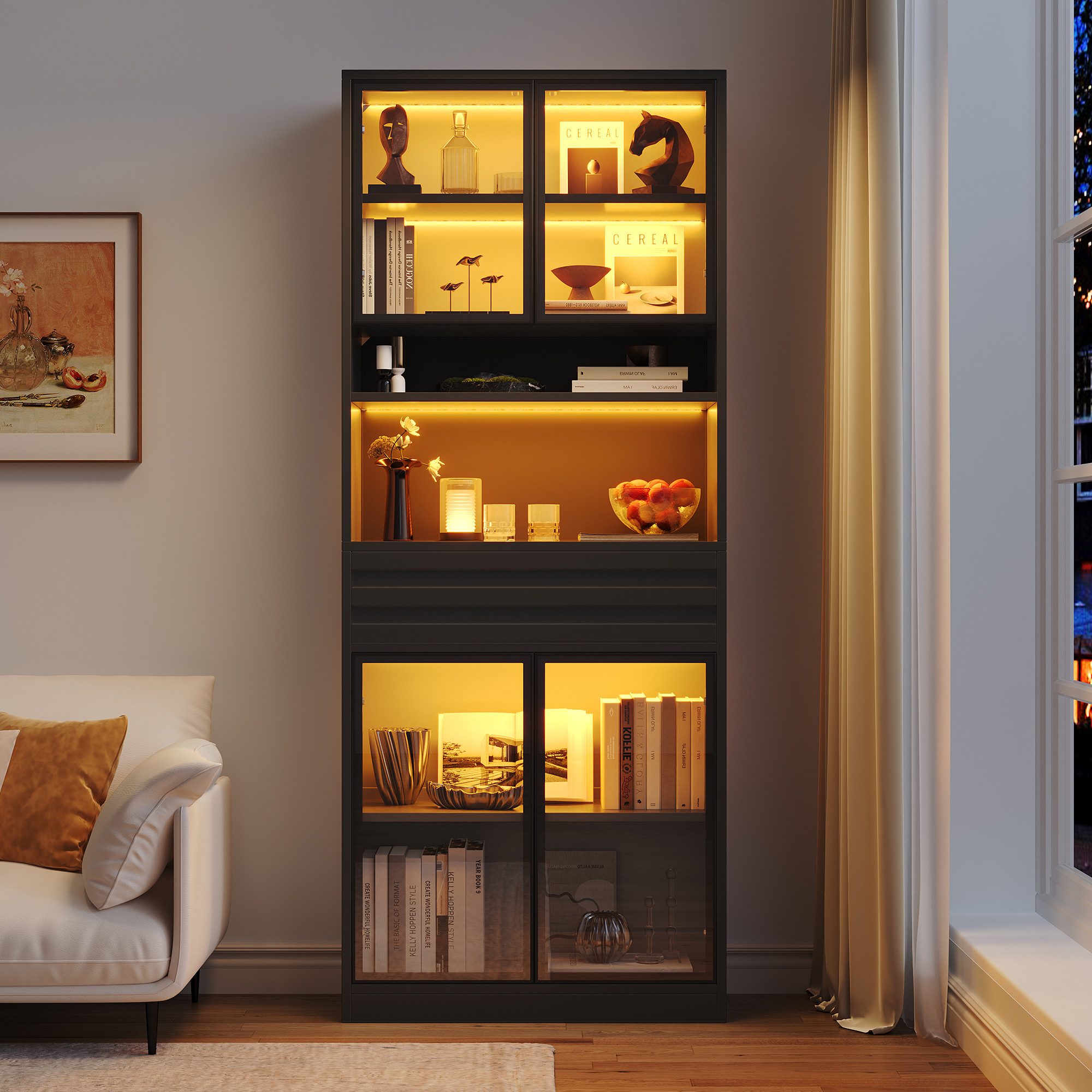 Merax Glasvitrine mit RGB LED-Beleuchtung inkl. App-Steuerung, 80 L x 35 B x 200 H cm (1-St., Wohnzimmerschrank Bücherschrank Ausstellungsschrank) Vitrine Hochs – Bild 3 von 5