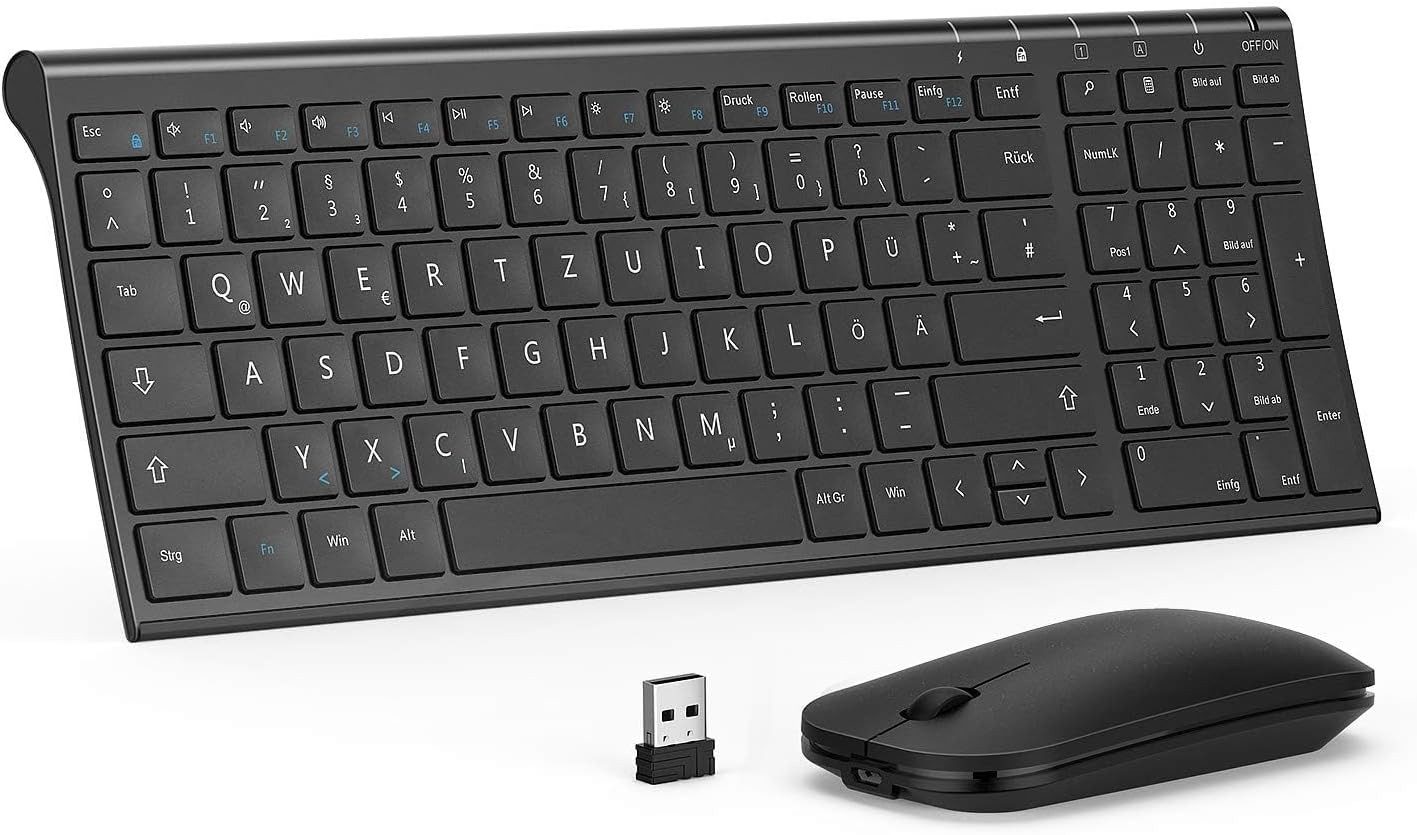 Seenda WGJP-031B Tastatur Maus Set Kabellos Wiederaufladbare Aluminium Maus (Funk, Ultradünne und Leise Funktastatur mit kompaktes Design)