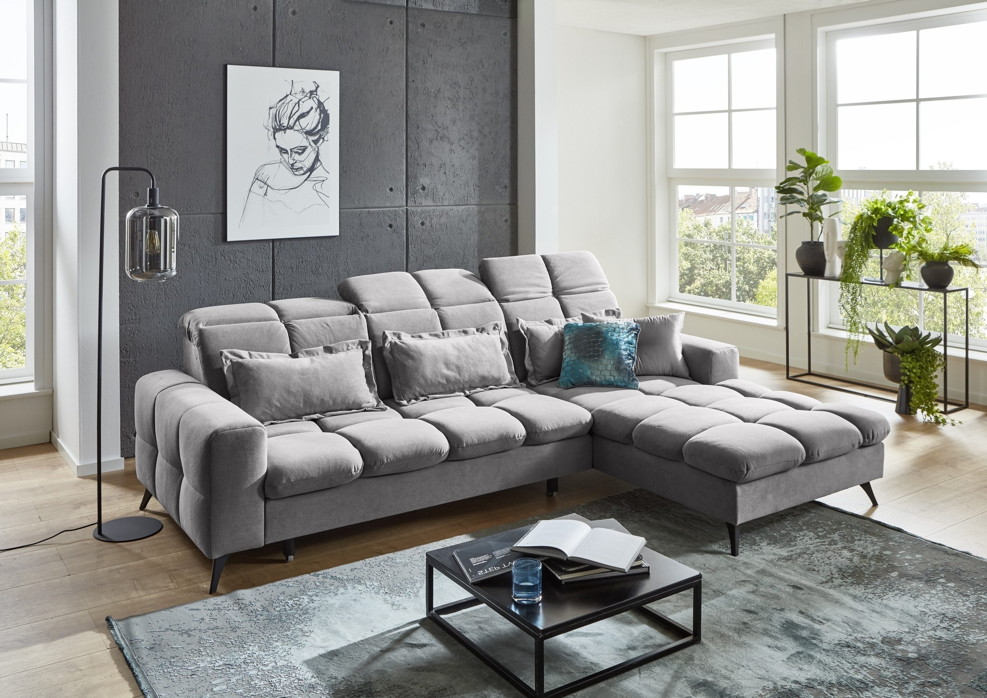 Iwaniccy Polstergarnitur Sitztiefen + Kopfteilverstellung, hellgrau - 286x88x195 (BxHxT)