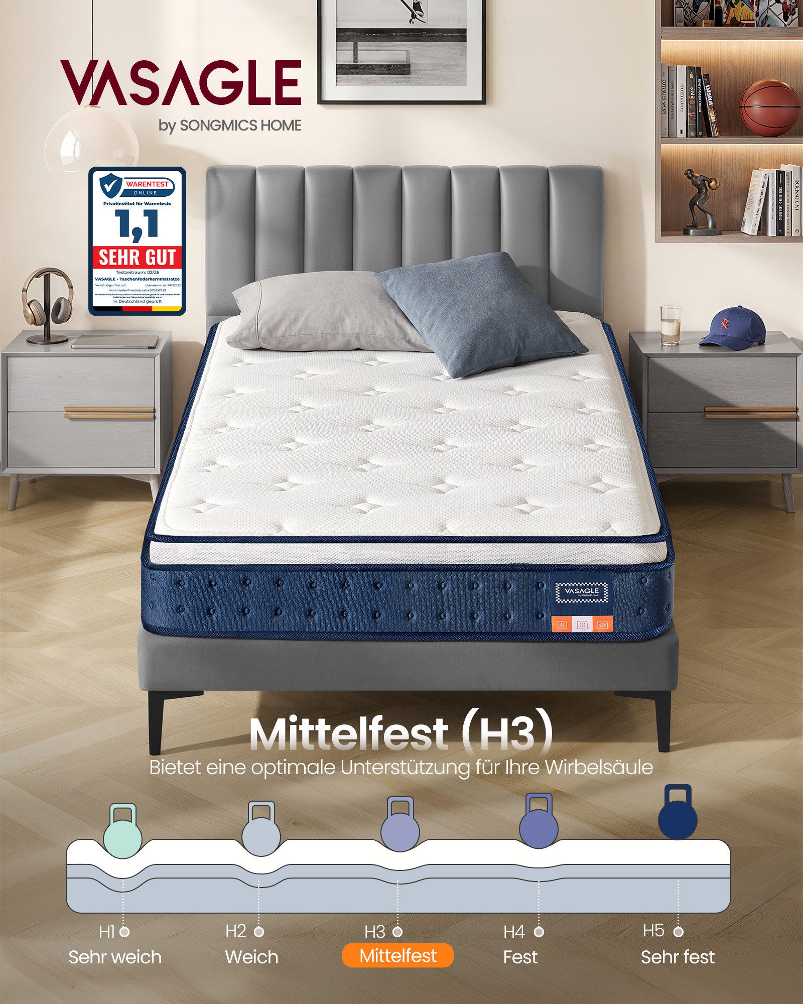 Taschenfederkernmatratze Federkernmatratze, VASAGLE, 20 cm hoch, Matratzen aus Gel-Memory-Schaumstoff, mittelfest,7-Zonen-Unterstützung