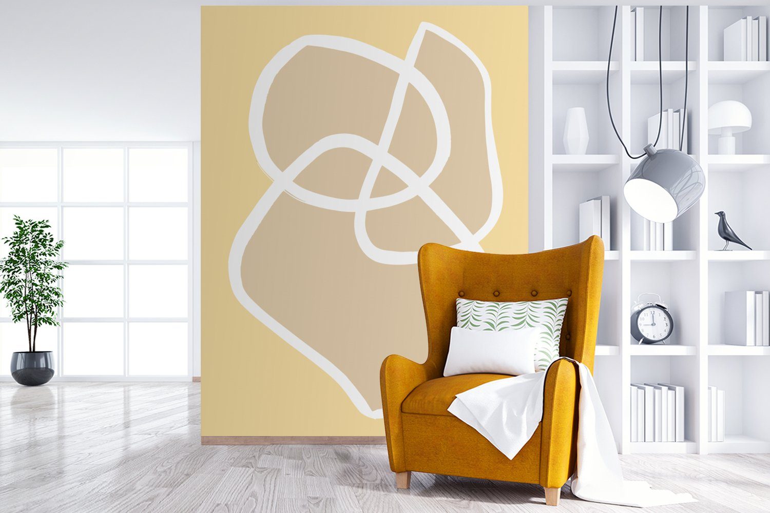 Gelb Tapete für bedruckt, St), - (4 MuchoWow Matt, Abstrakt, Weiß Wandtapete - Montagefertig Formen - Fototapete Wohnzimmer, Vinyl
