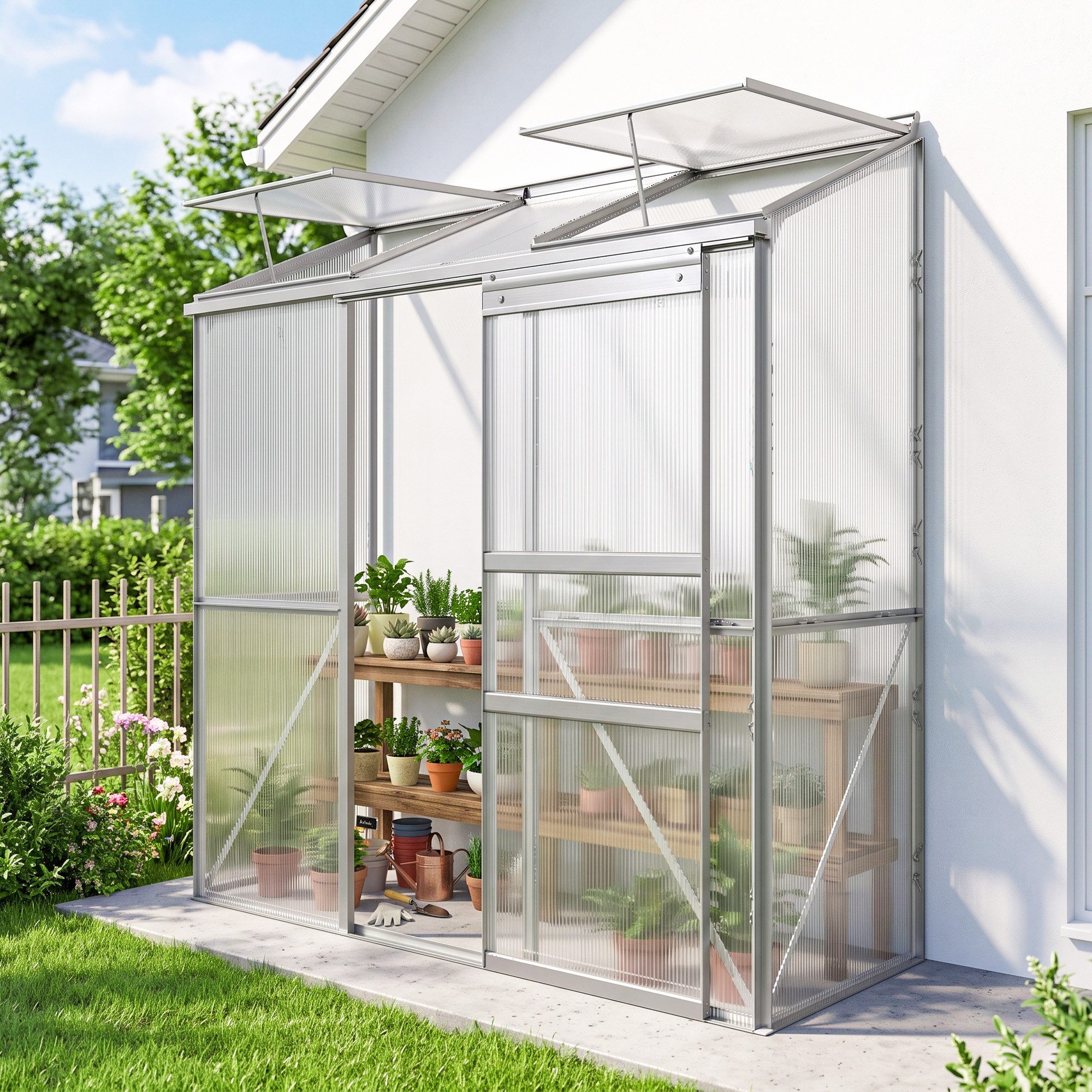 Outsunny Gewächshaus Pflanzenhaus Garten mit Schiebetür, Aufklappbare Dachfenster, BxTxH: 192 x 68 x 196 cm, BxLxH: 68 x 192 x 196 cm, 4 mm Wandstärke, Tomatenhaus 1-St., Treibhaus, aus Polycarbonat, Alu, Silber, 192 x 68 x 196 cm