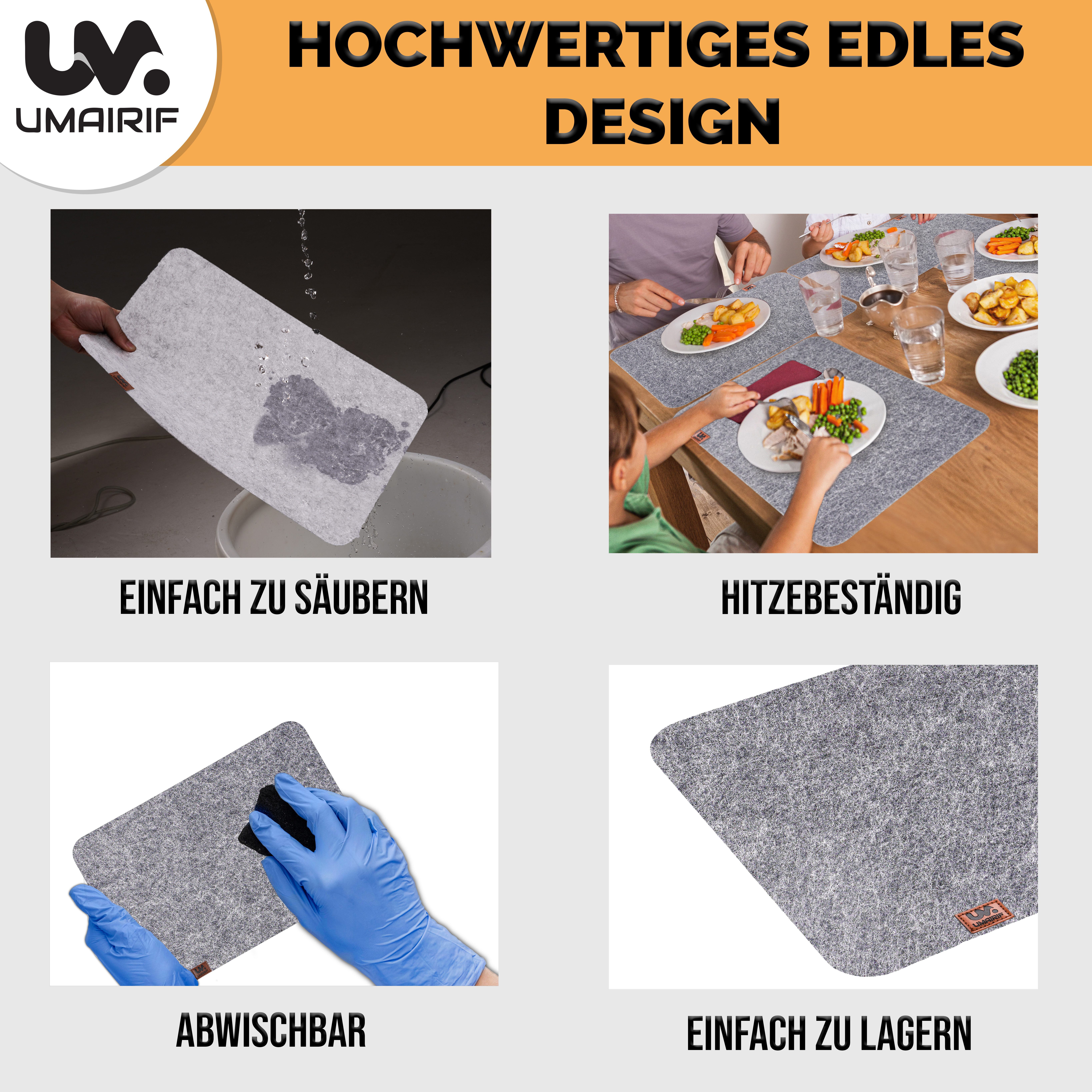 Montegoni Platzset Rutschfeste Tischset aus Filz 18er Set, abwaschbare Platzsets 44x32 cm, (Set, 18er Tischuntersetzer-Set), Platzdeckchen abwischbar