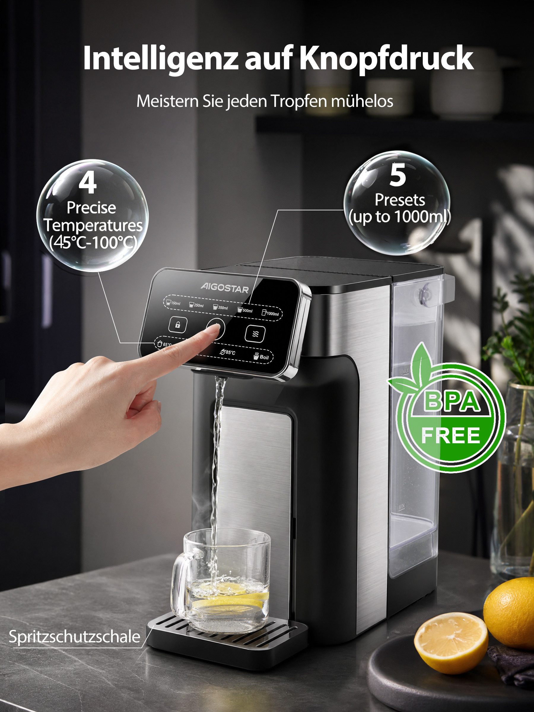 Aigostar Heißwasserspender Edelstahl 3L mit Filter-Slot, 3s Turbo Aufheizung Instant-Wasserkocher, 2600 W, 4 Temperaturstufen, Abtropfschale, kompatibel mit Bri – Bild 5 von 5
