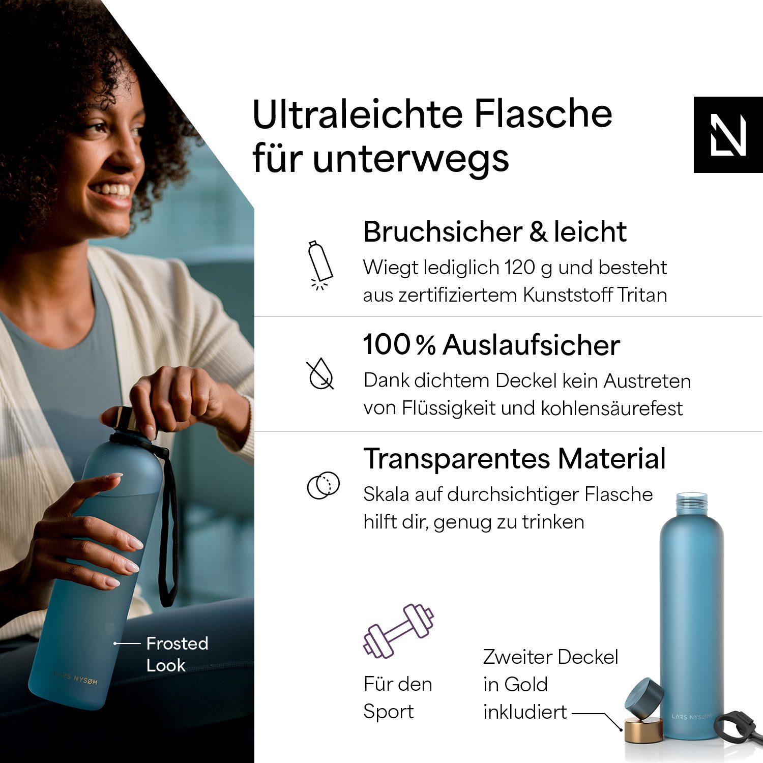 LARS NYSØM Trinkflasche Blæst, Trinkflasche mit Hydrationsskala und Trageschlaufe