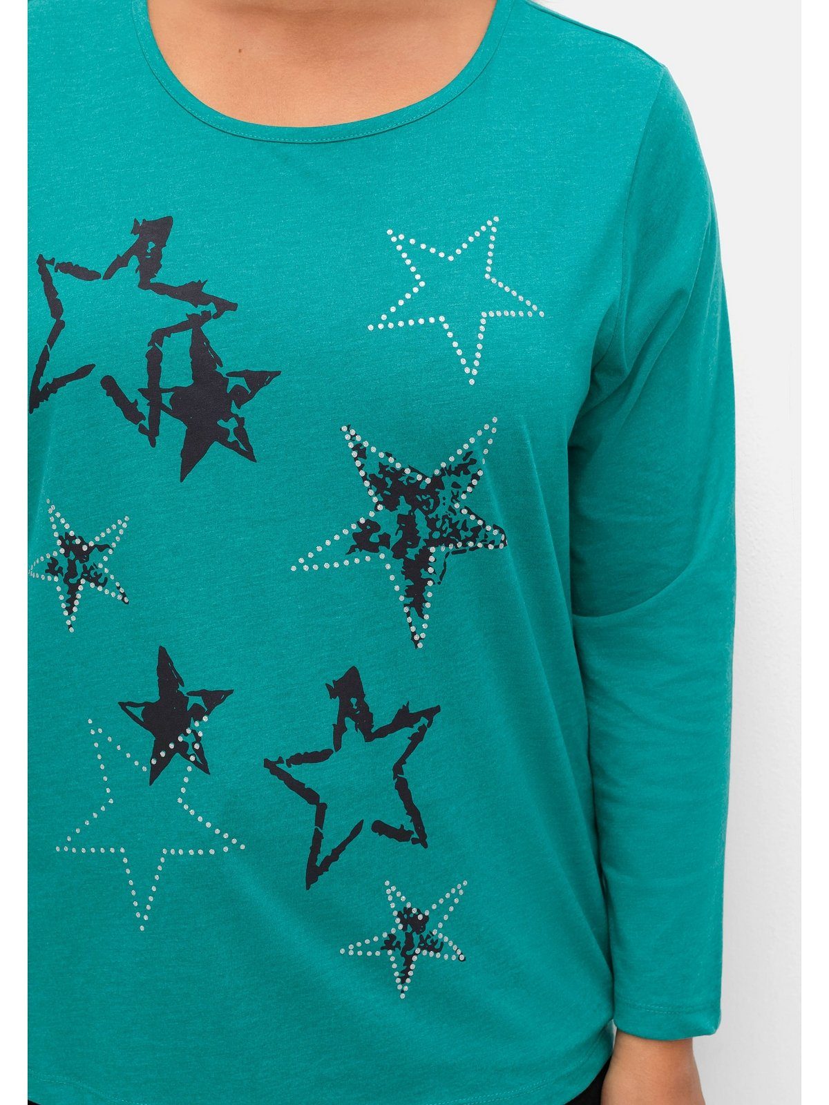 Sheego Langarmshirt Große Größen grün Sternen-Frontdruck mit bedruckt