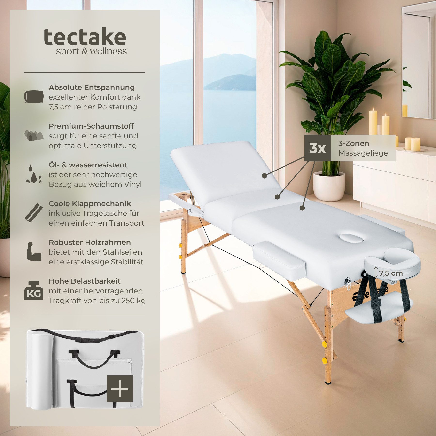 tectake Massageliege 3 Zonen Massageliege (Set, 1-St., mit Tragetasche), Breite 70 cm, Polsterung 7,5 cm