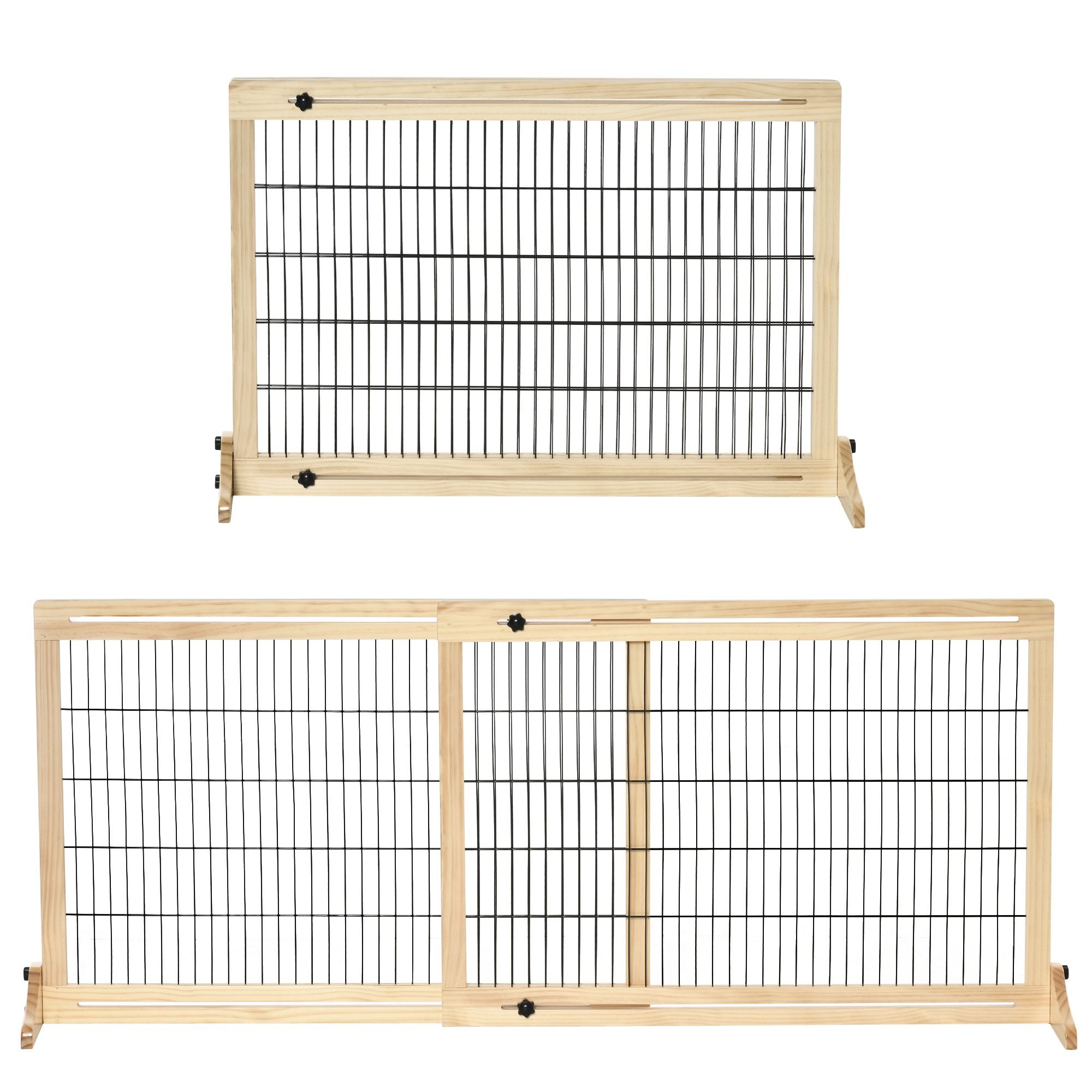 PawHut Hundegitter Hunde Absperrgitter aus Holz mit Fußstütze (Schutzgitter, 1 St., Kamingitter), für Ofen, Naturholz, 104-180 x 36 x 69 cm