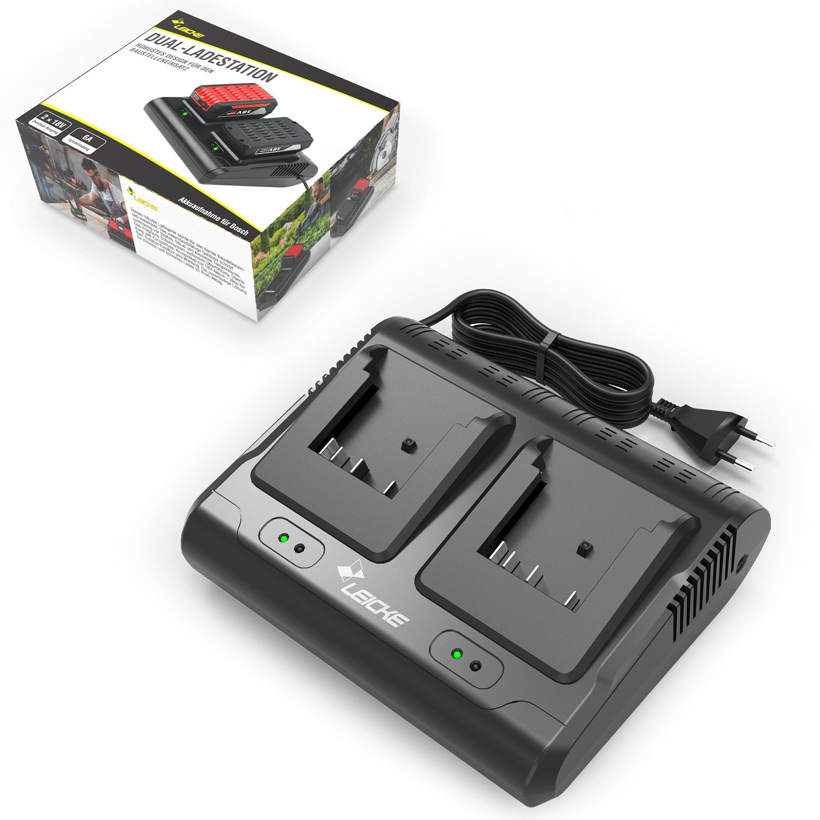 Leicke Doppelladegerät 18V 6A für Bosch Professional Akkus Werkzeug Akku-Ladestation (Kompatibel mit Bosch GBA/PBA/Core/ProCORE 18V)
