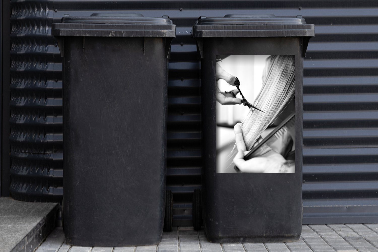 Wandsticker Friseur Abfalbehälter (1 wird Mülleimer-aufkleber, MuchoWow schwarz und Eine weiß Sticker, von Container, Mülltonne, St), - einem Frau geschnitten