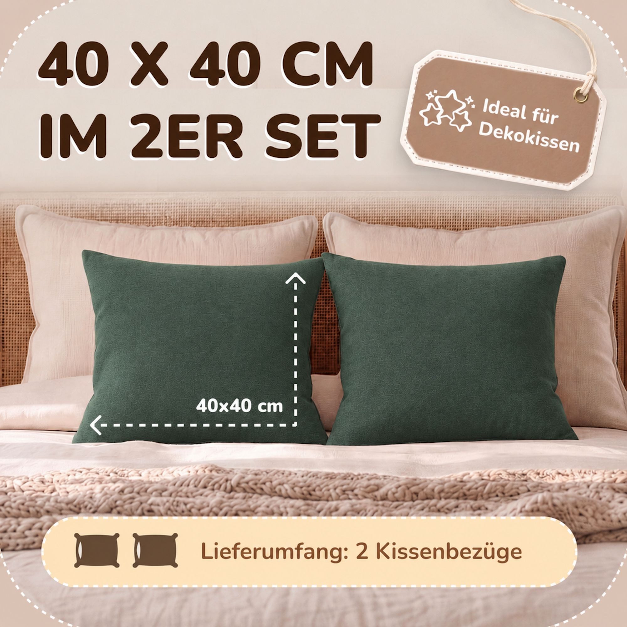 leevitex® Kissenbezüge 40 x 40 cm, 2er-Set, Dunkelgrün, (2 Stück), feine Jersey-Qualität, 100% Baumwolle, robuster Reißverschluss