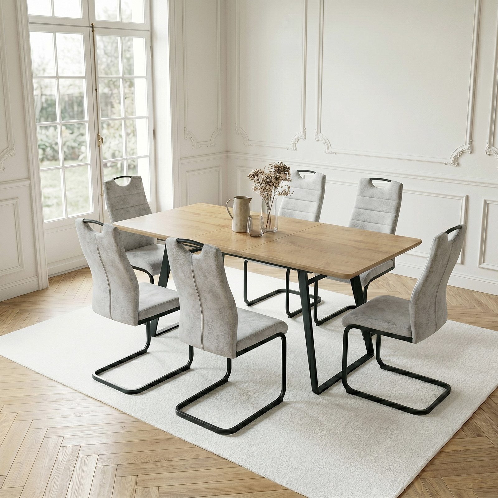 Jiexi Essgruppe Essgruppe ausziehbar Eiche-Optik MDF Tisch mit Freischwinger