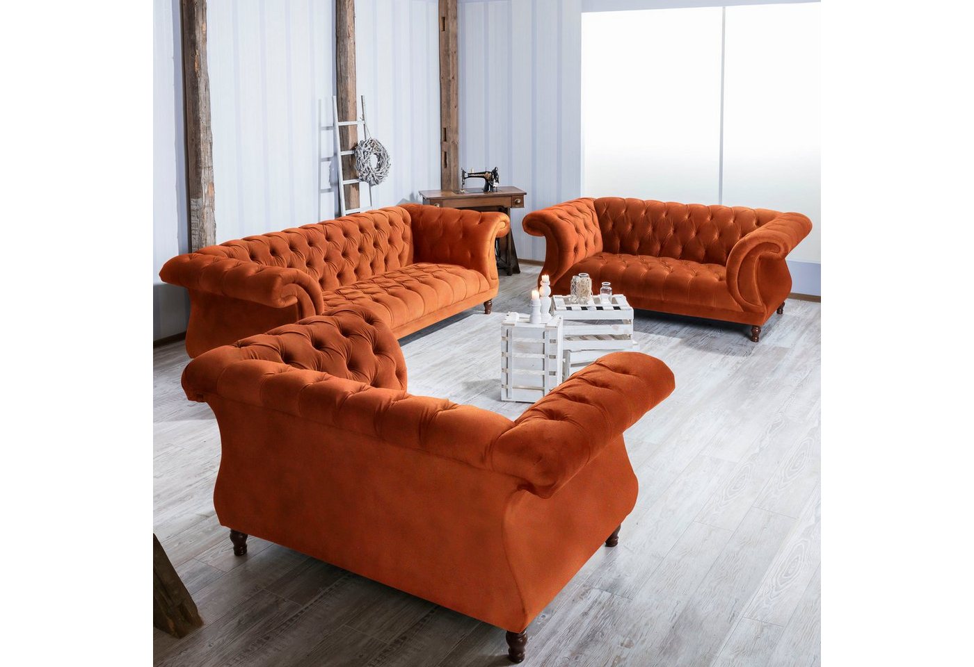 Max Winzer® Chesterfield-Sofa »Isabelle«, mit edler Knopfheftung & gedrechselten Füßen in Buche Nussbaum, Breite 260 cm-HomeTrends