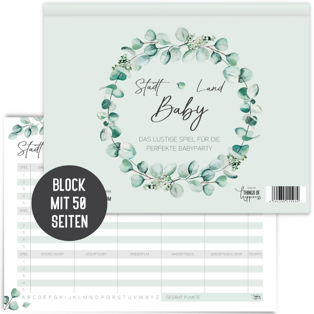 Things of Happiness Spiel, Stadt, Land, Fluss, Baby, Babyparty Spiel, Kultspiel für die Babyshower Party, Quizblock DIN A4 mit 50 Blatt