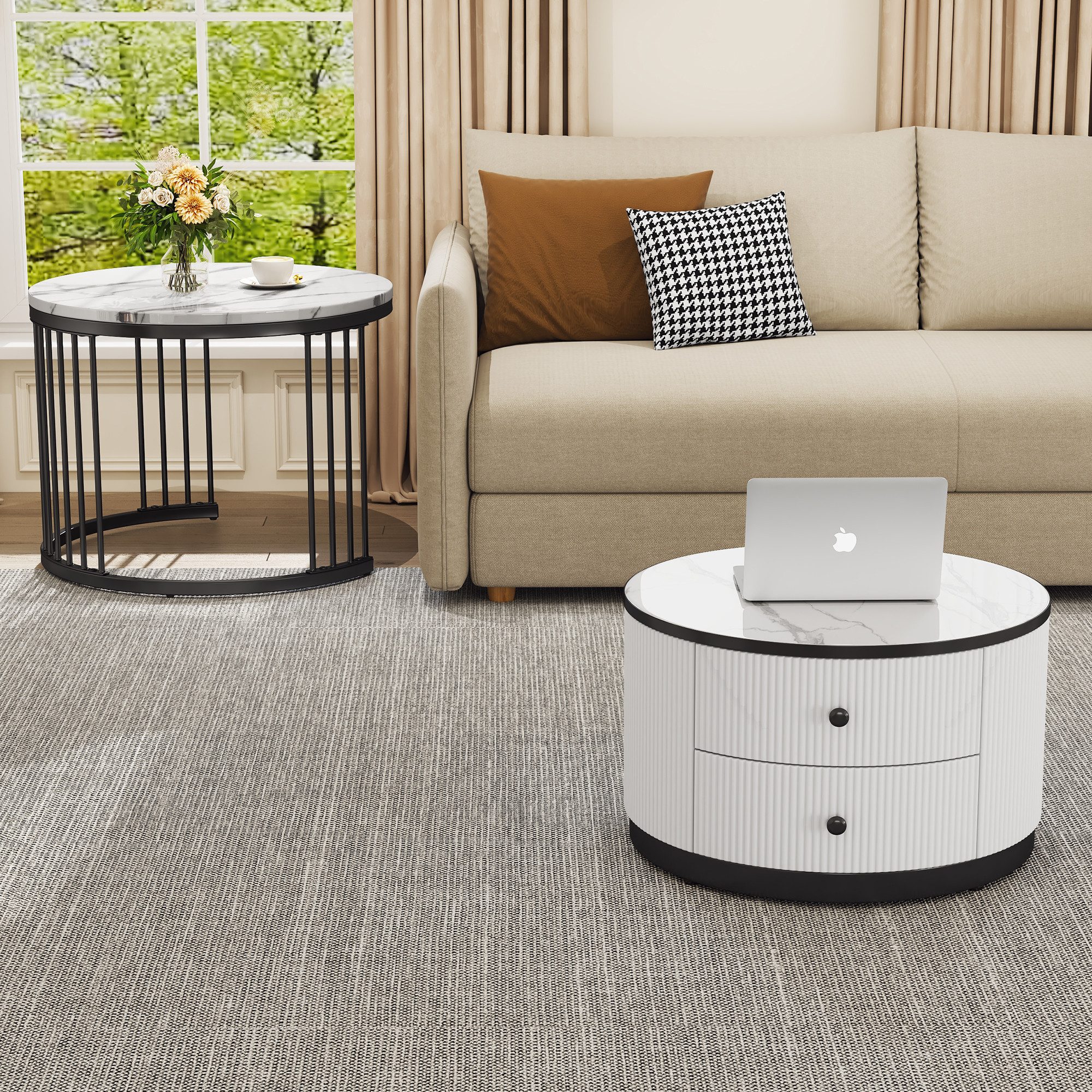 MODFU Couchtisch Couchtisch-Set in Nestform (Sofatisch, Wohnzimmertisch, 2-St., 60*60*45.5+50*50*32 cm), mit 2 Schubladen, hochglänzender Marmoroptik