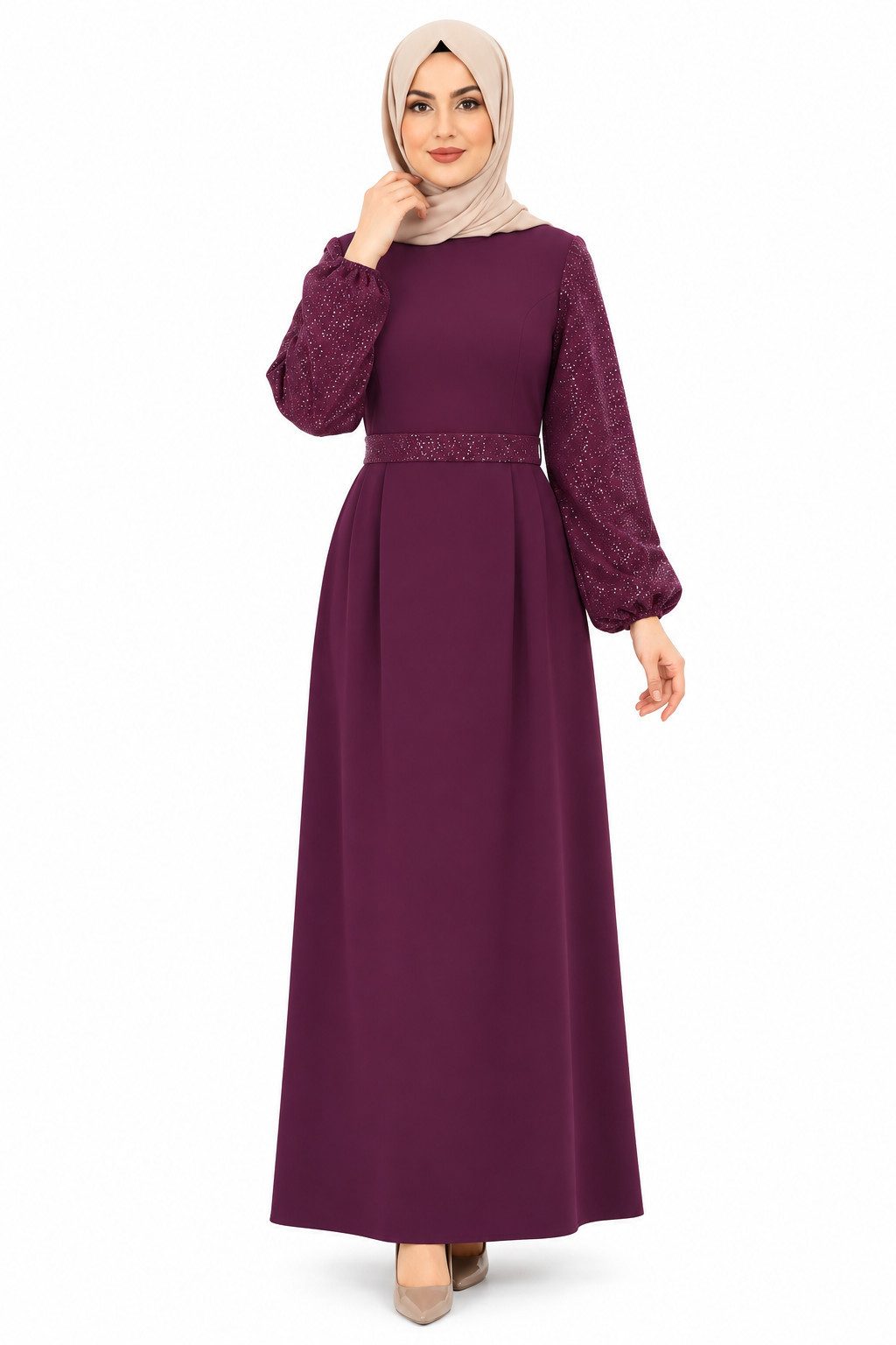 fashionshowcase Maxikleid Damen festlich A-Linie Krepp mit Pailletten Ärmeln gefüttert lang festlicher Look, Taillendetail, gefüttert, fällt 1 Größe kleiner aus
