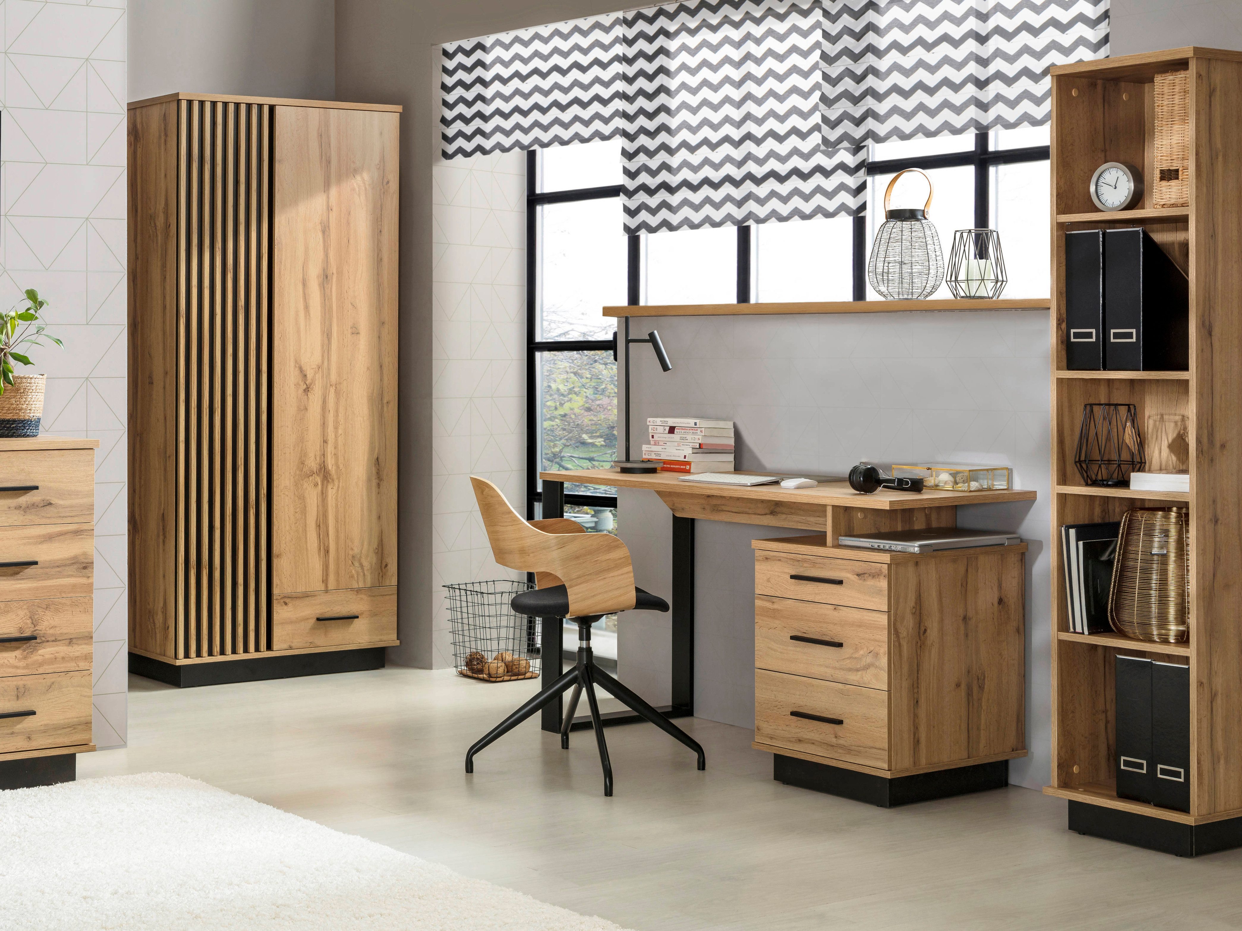 Beautysofa Schreibtisch mit drei Schubladen LAMELO (Eiche Wotan/Schwarz, modernes Loft-Design), Modernes Design mit Schubladen, Grifflose Eleganz, Stabil & Langlebig