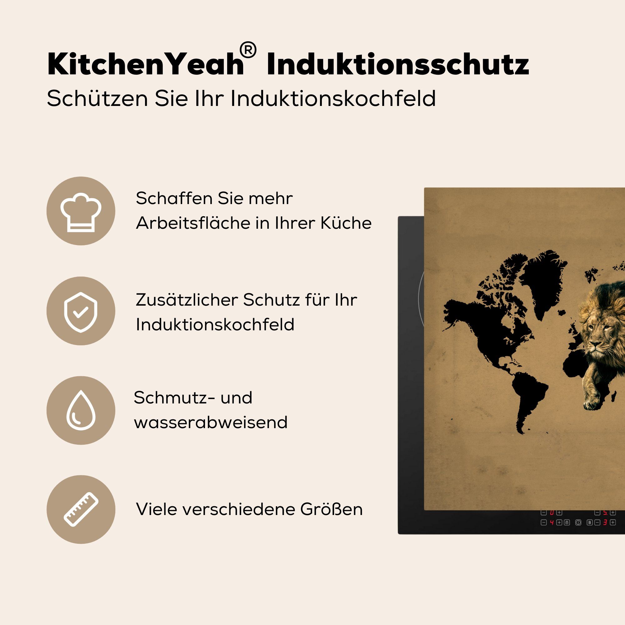 - für Herdblende-/Abdeckplatte - Ceranfeldabdeckung, Vinyl, tlg), (1 Braun, Löwe cm, küche MuchoWow Arbeitsplatte Weltkarte 78x78