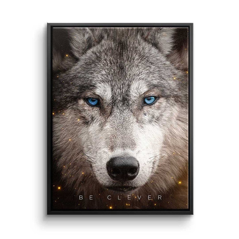 DOTCOMCANVAS® Leinwandbild, Leinwandbild Clever Face Wolf Motivation be clever mit premium Rahmen schwarzer Rahmen