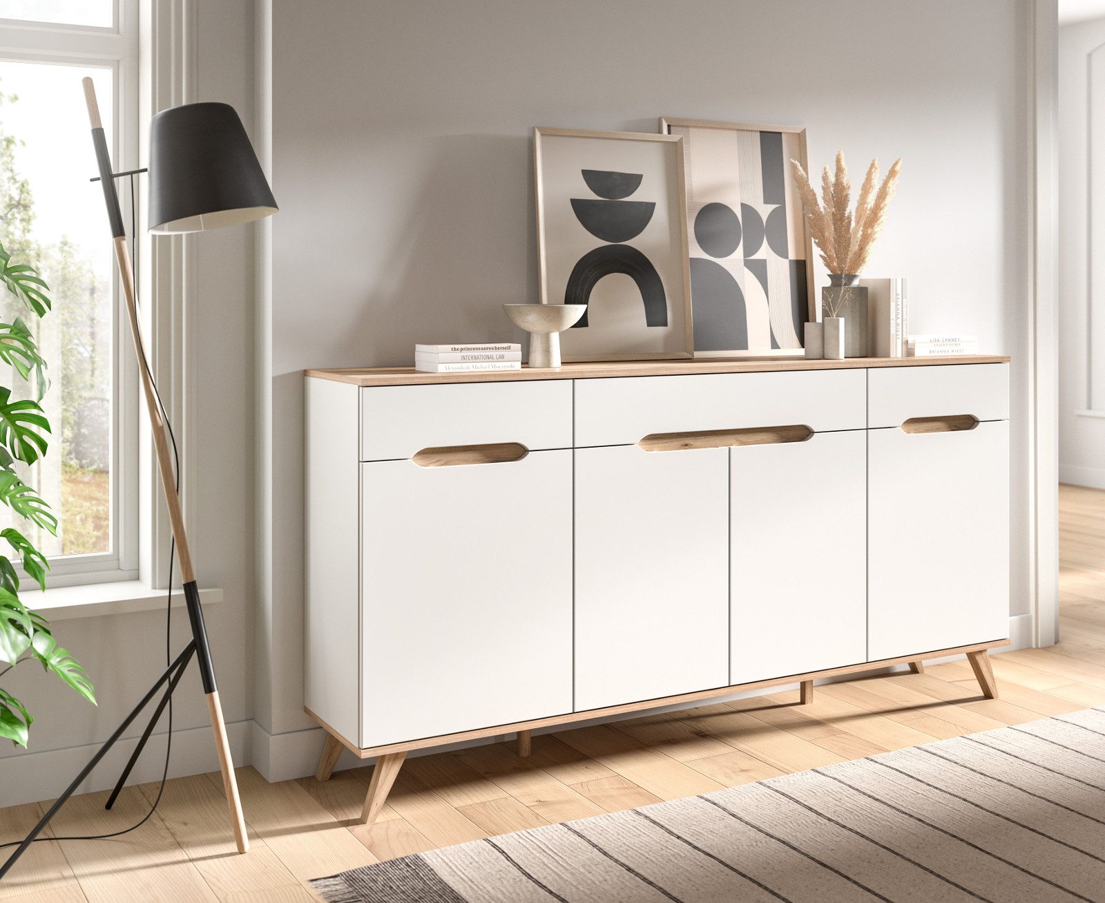 Inn.Furn Sideboard Hygge (in weiß und Nox Eiche, Breite 185 cm), mit Soft-Close-Funktion