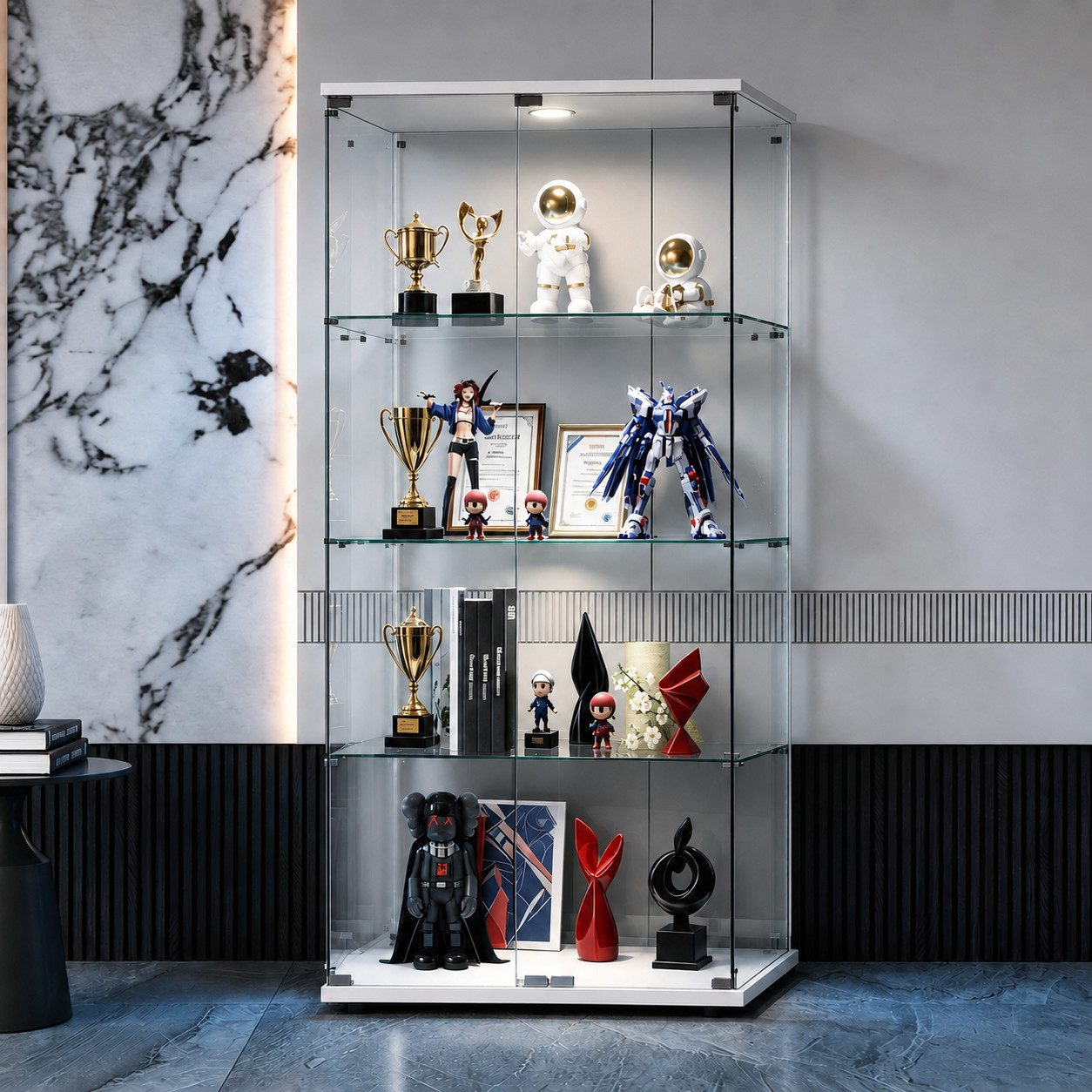 Simurq Glasvitrine Standvitrine mit LED-Beleuchtung,4 Lagen Vitrinenschrank mit 2 Glastür (Glasschrank mit 2 Glastür und 3 Lagen, …