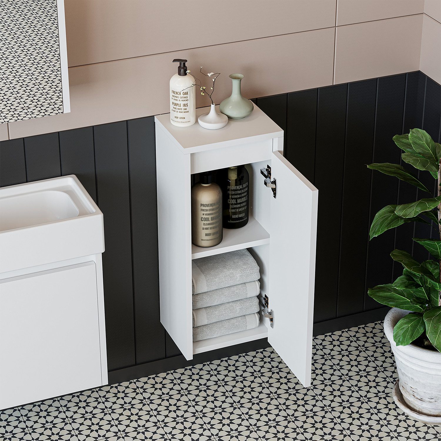 Roomart Badmöbel-Set LEO Gäste-WC Möbel 4-teilig, Unterschrank & Spiegel, Soft-Close, (Badmöbelset Unterschrank mit Waschbecken Badezimmer Möbel Gäste WC), Kompaktes Gäste-WC-Set, modular wählbar, Soft-Close