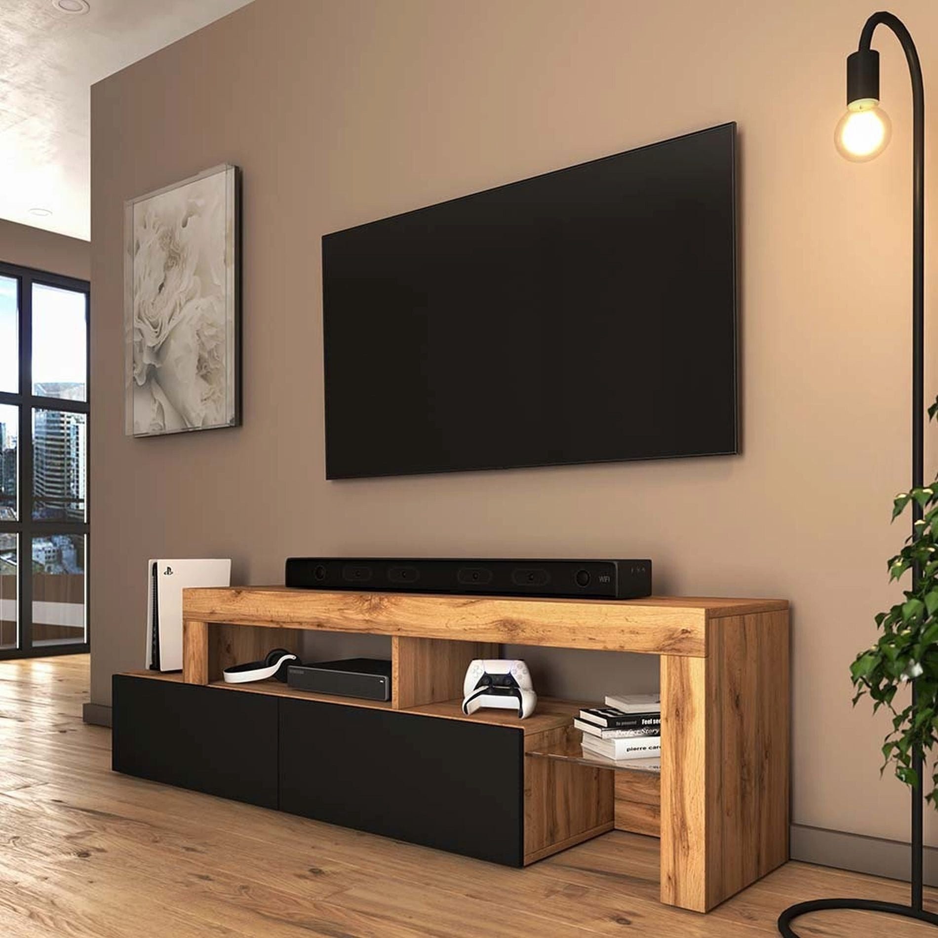 Selsey TV-Schrank ASTEN Asymmetrisches TV-Lowboard, 172 cm, Wotan-Eiche mit schwarzer Front