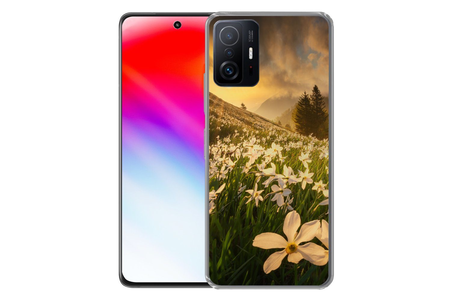 MuchoWow Handyhülle für Xiaomi 11 Lite 5G NE Blumenfeld - Hügel - Sonnenuntergang - Berg -, Phone Case, Silikon, Schutzhülle Dünn
