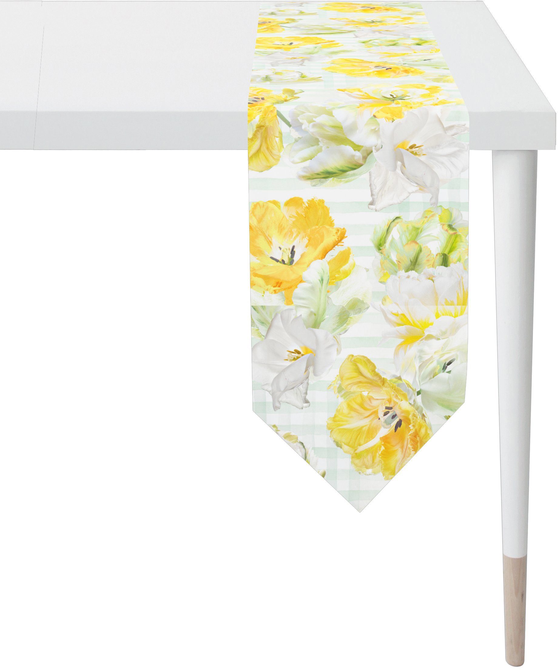 6405 Digitaldruck (1-tlg), weiß/gelb/natur Tischband SPRINGTIME, APELT Frühling Frühjahrsdeko,