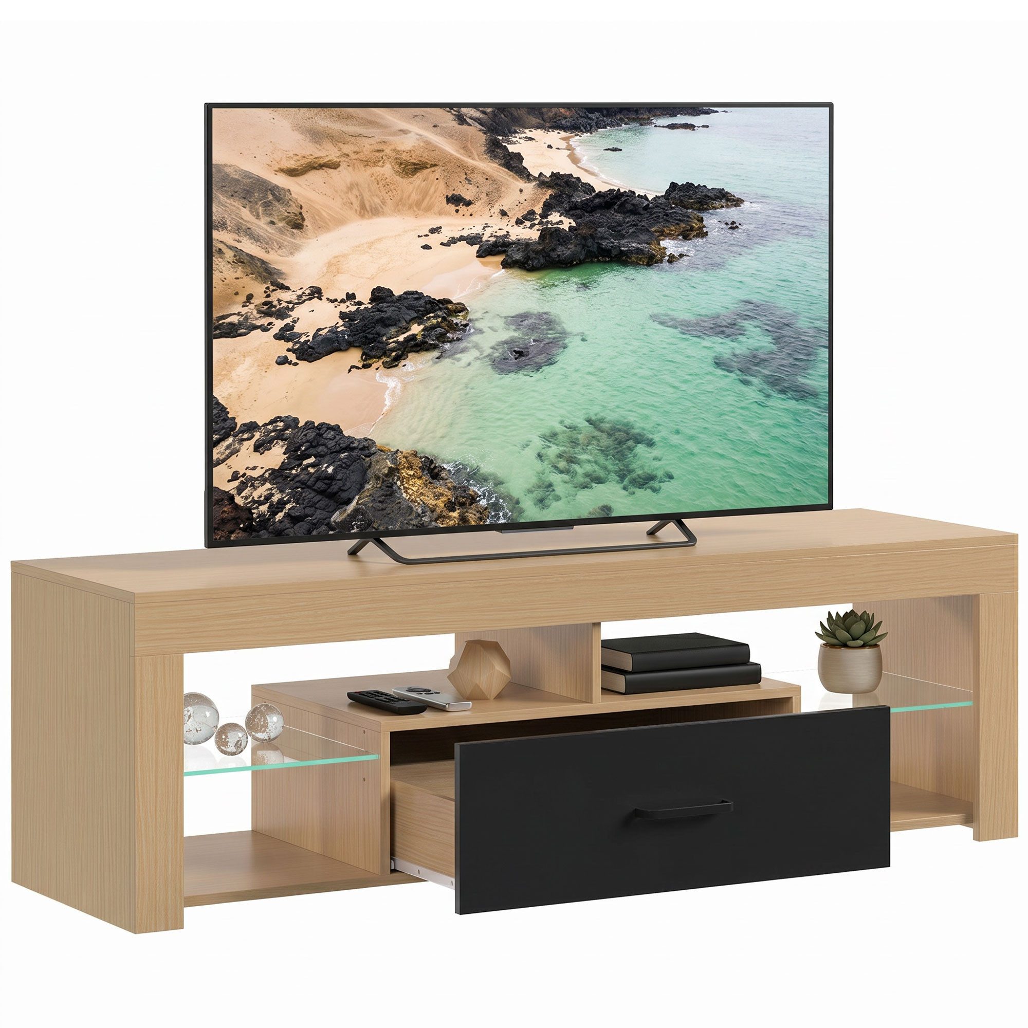 HOMCOM TV-Board mit offenen Fächern und Schublade (Set, 1 St., 1 TV-Lowboard), TV-Lowboard 140 cm, Glasböden verstellbar – Bild 2 von 5