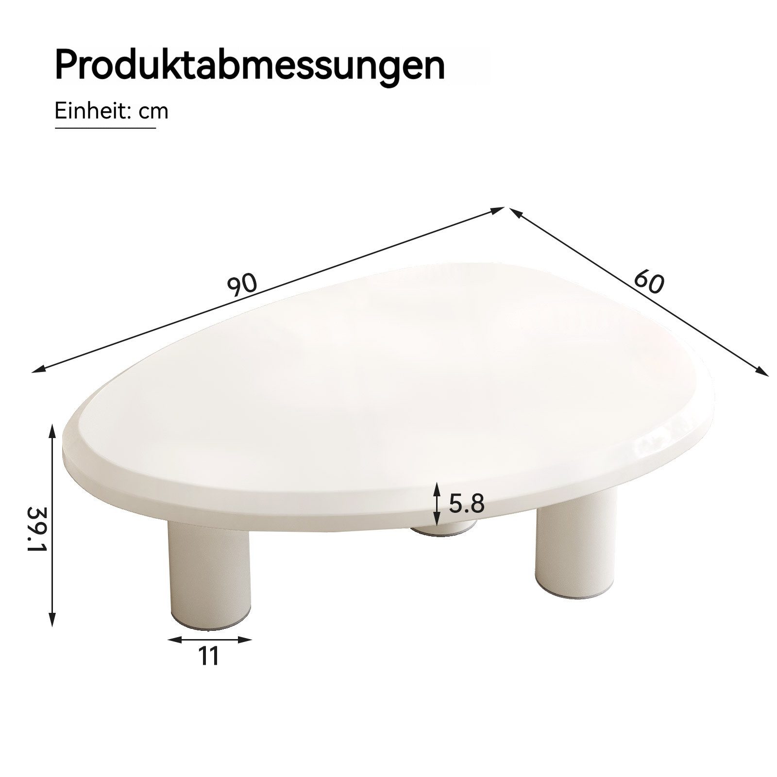 Guyii Couchtisch oval Cremeweiß, Hochglanz Sofatisch, 90 x 60 x 39,1 cm (1-St), Modern minimalistische Wohnzimmertisch mit abgerundeten Kanten