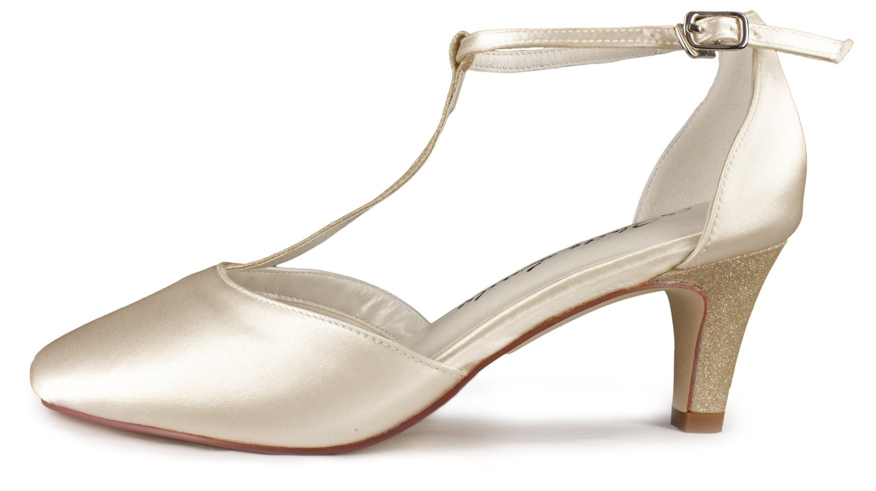 White Lady 923 ivory Satin - Brautschuhe mit gold Steg T-Strap Pumps