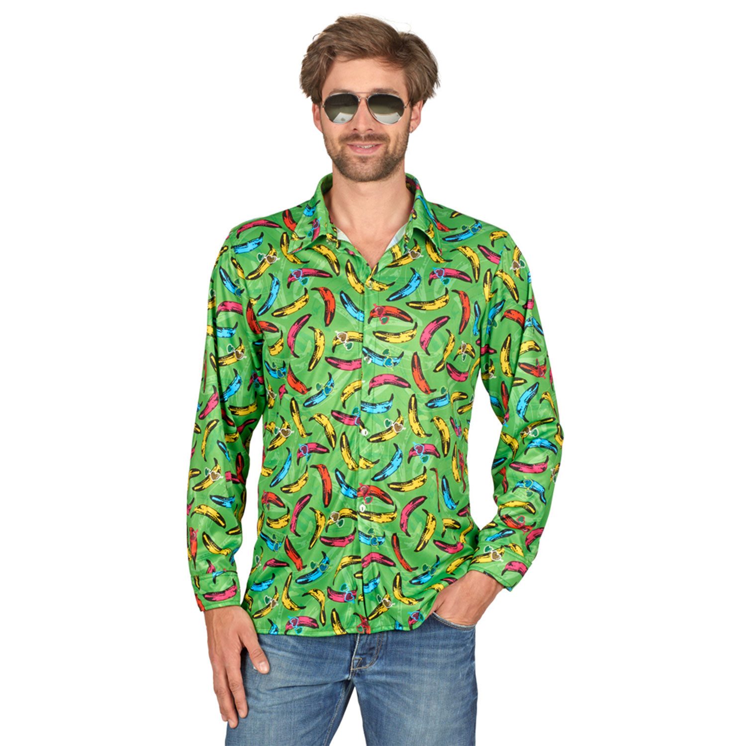 andrea-moden Kostüm Retro Hippie Hemd 'Pop Banana' für Herren, Grün