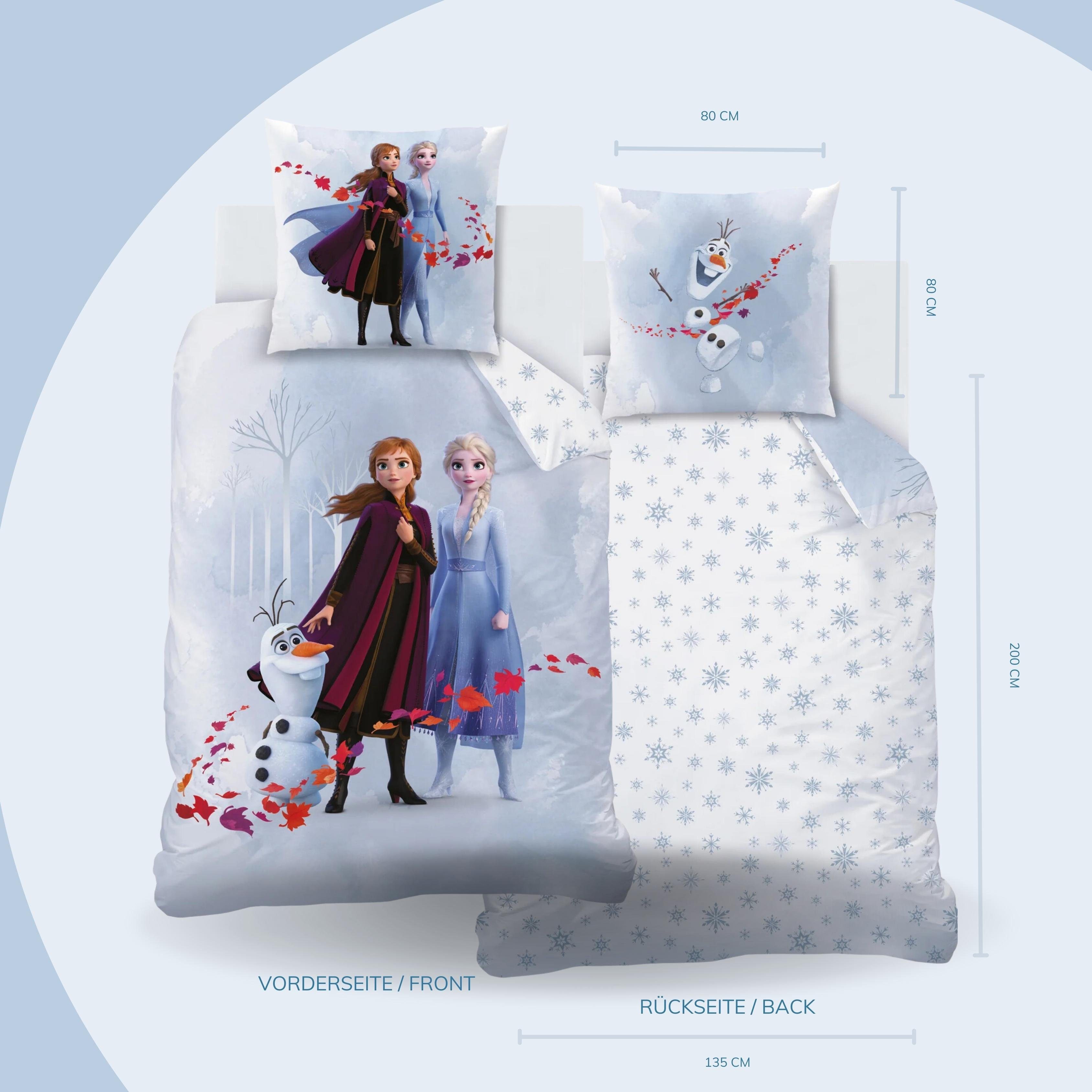 MTOnlinehandel Bettwäsche Frozen Eiskönigin 135x200+80x80 cm, 100 % Baumwolle, Flanell, 2 teilig, Disney's Kinderbettwäsche mit Anna, Elsa & Olaf Biber Mädchen