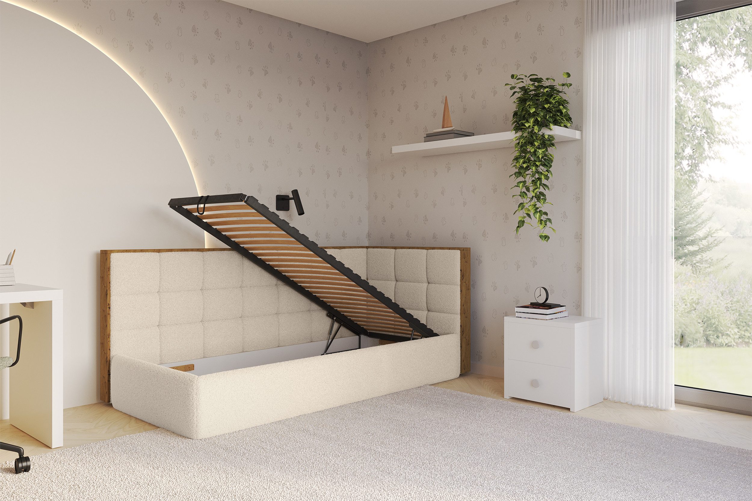 ALTDECOR Jugendbett SOVY (Jugendbett mit Bettkasten und Lattenrost, Polsterbett ohne Matratze), Einzelbett mit Stauraum, Bett mit Kopfteil