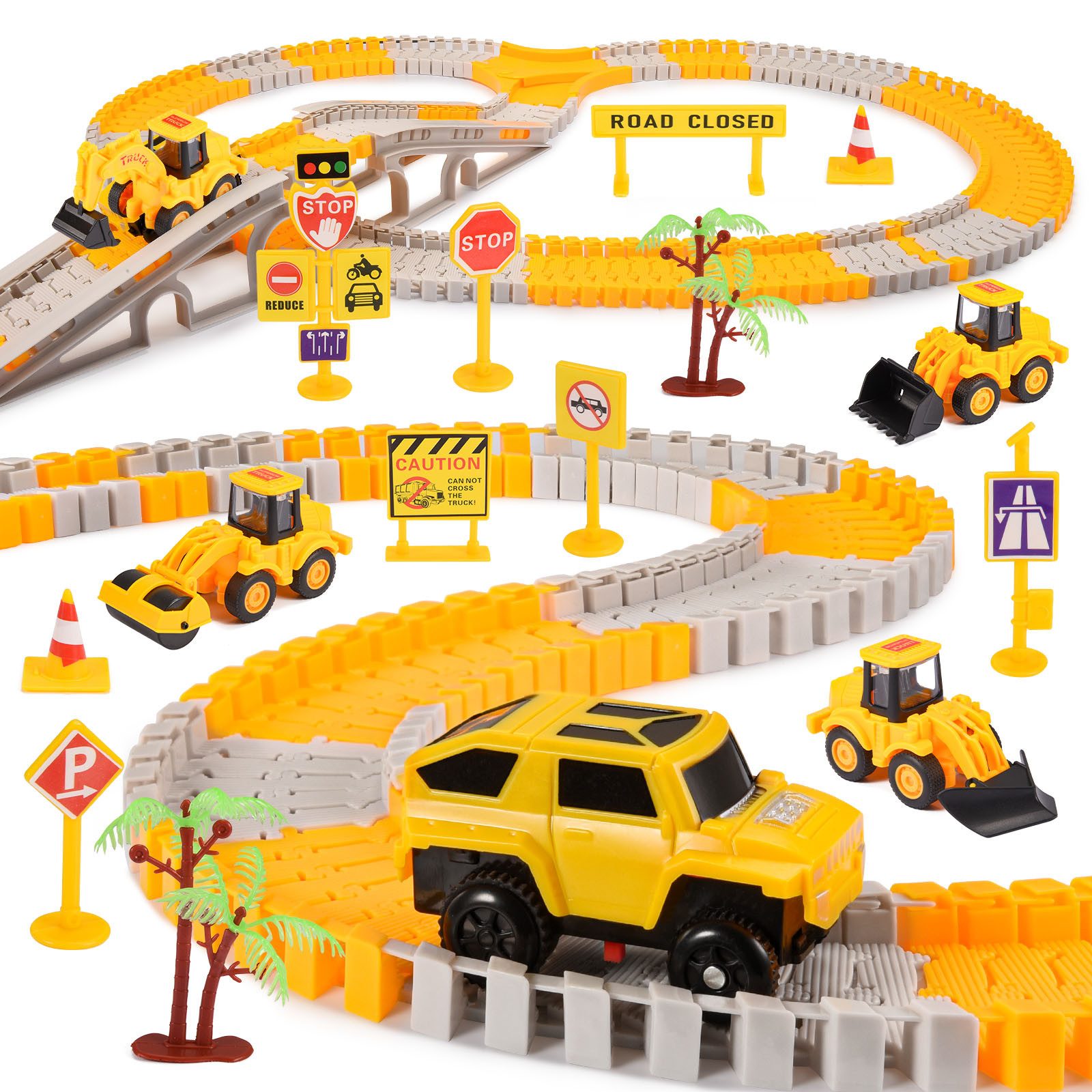 Wootoy Autorennbahn 234-teiliges Baustellen-Rennstrecken-Set mit 5 Spielzeugautos, (Y-Weichen Brücken Verkehrsschilder und Bäume, 234-tlg., 4 Baufahrzeuge mit beweglichen Arbeitsarmen), Spielset mit Streckenelementen für kleine Fahrzeug- und Baustellenfans