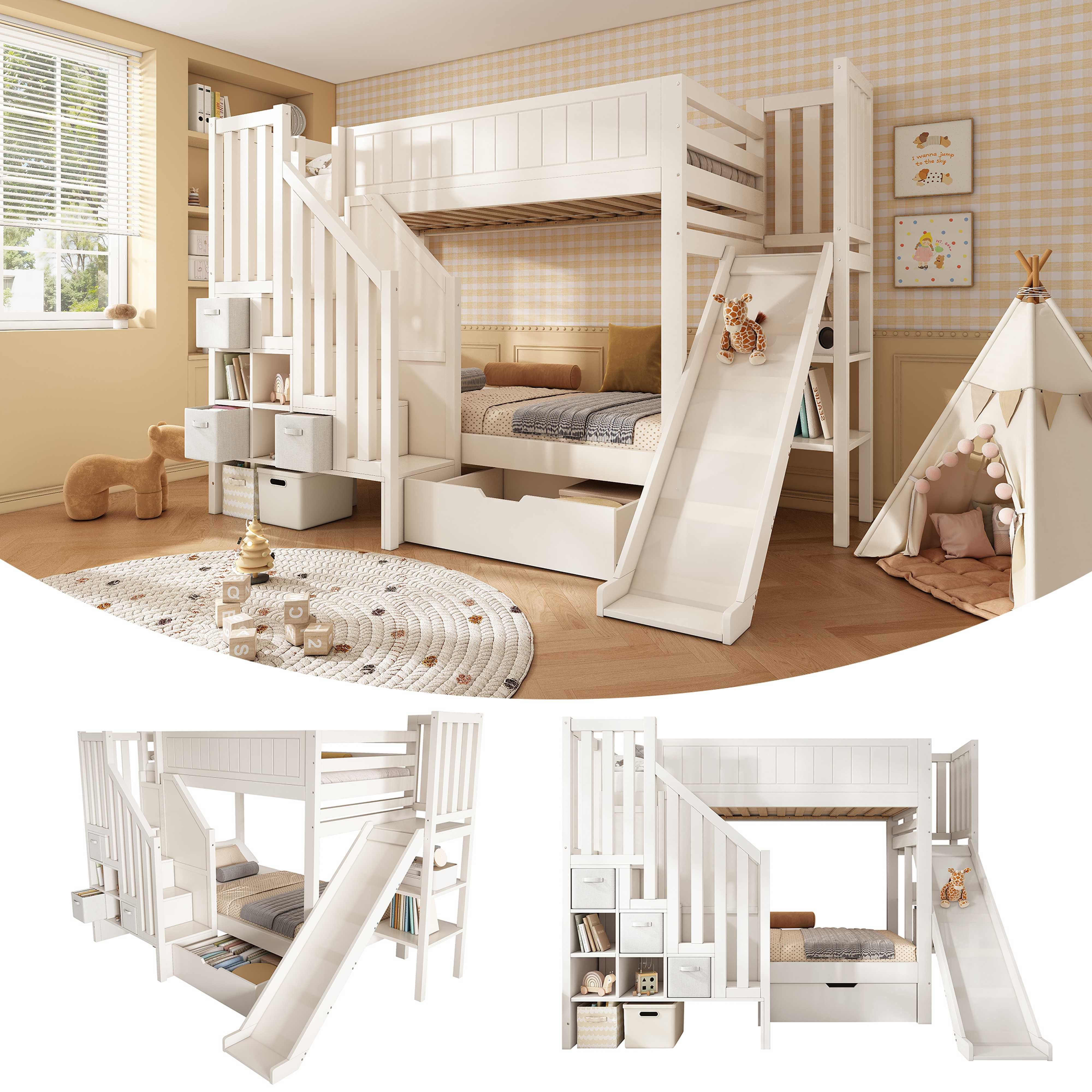 BlingBin Etagenbett Hochbett Doppelstockbett (1-St., Kinder Etagenbett 90x200 cm mit Rutsche und Schublade), Hochbett aus Holz in Weiß, Doppelstockbett mit Stauraum