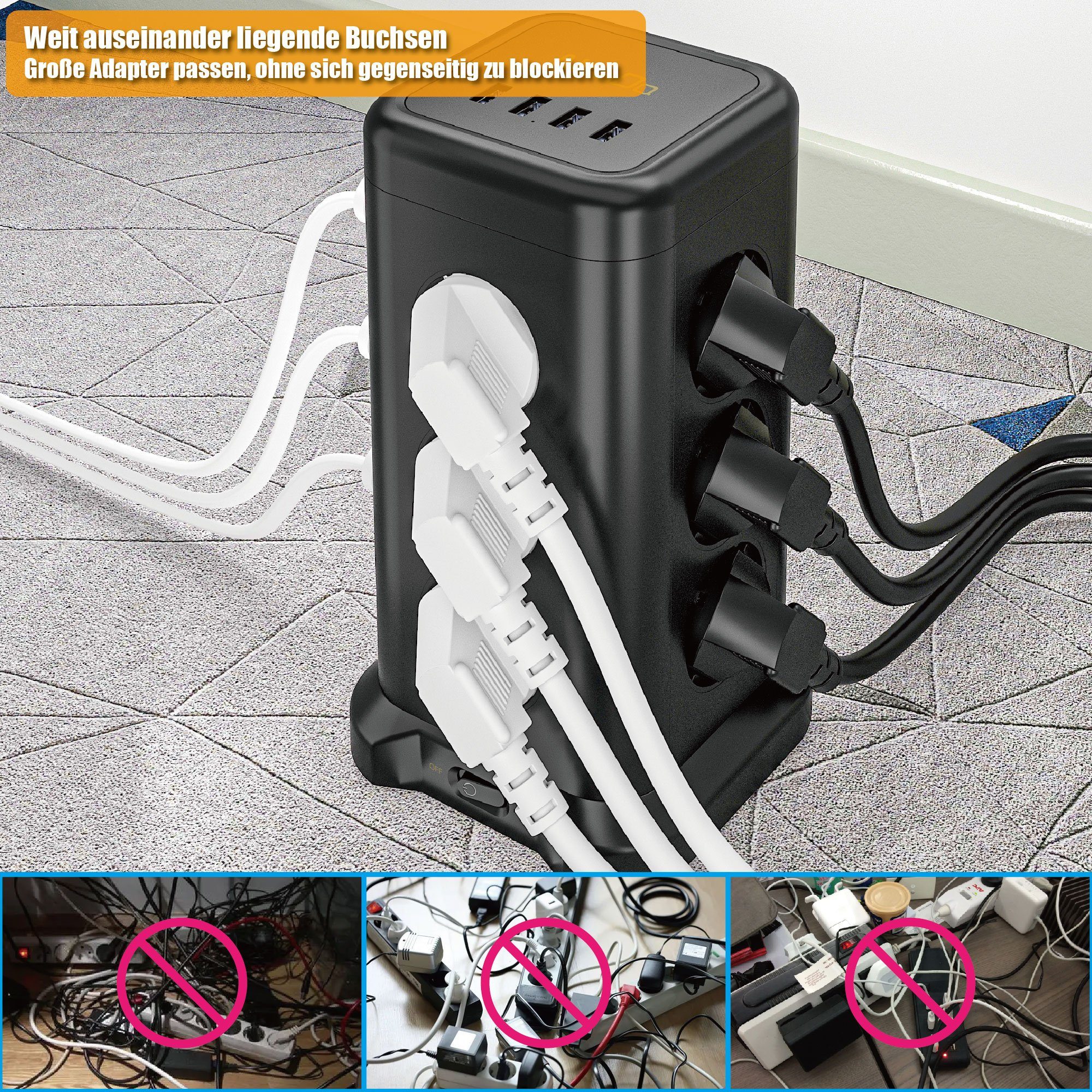 neue dawn 12 Fach Mehrfachsteckdose mit 4 USB Steckdosenturm Steckdosenleiste Mehrfachsteckdose 12-fach (12 AC-Steckdosen, 4 USB A, mit überspannungsschutz, Kab – Bild 5 von 5