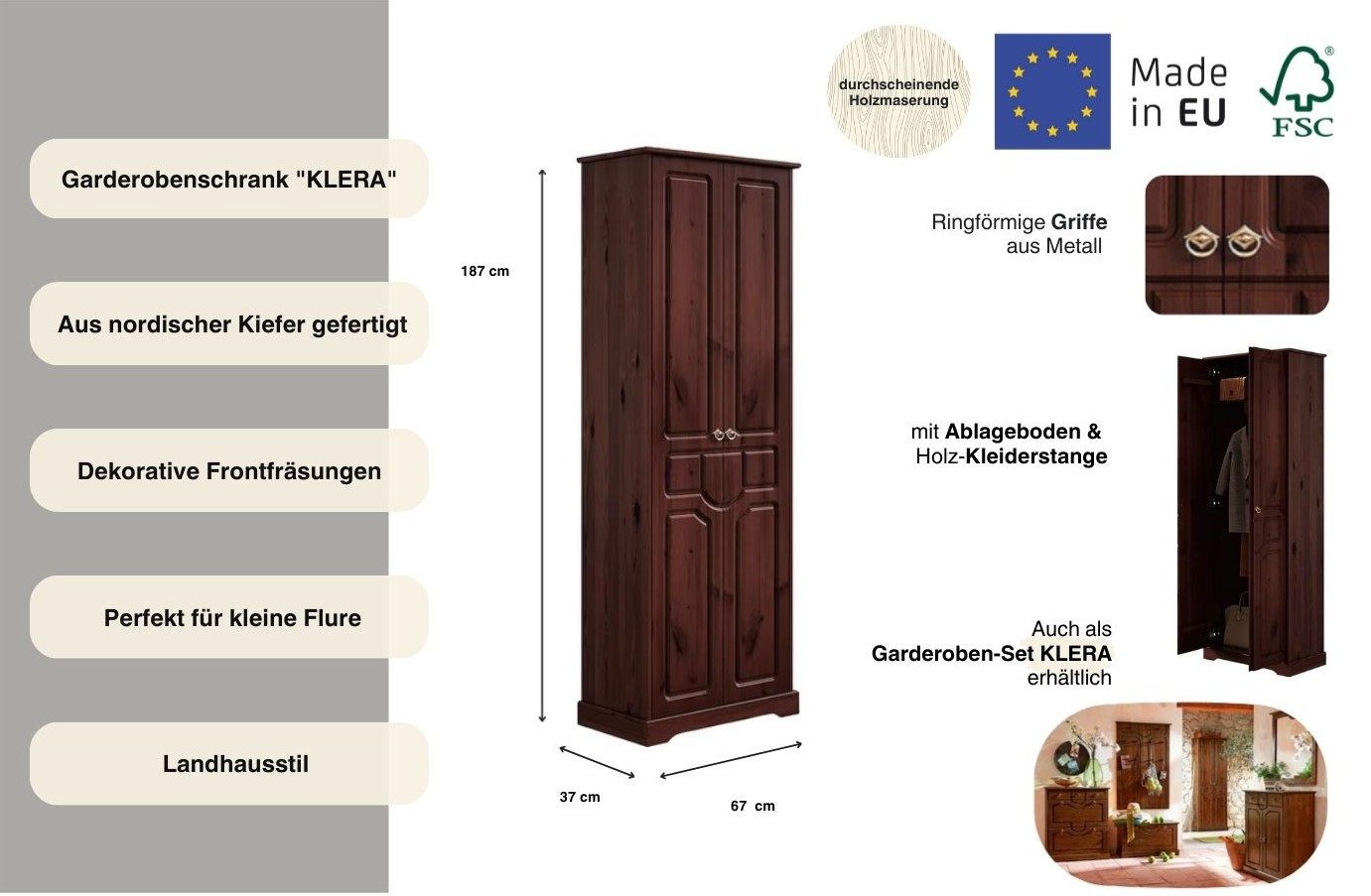 OTTO home Garderobenschrank Klera Breite 67 cm, aus massiver Kiefer, FSC®-zertifiziert