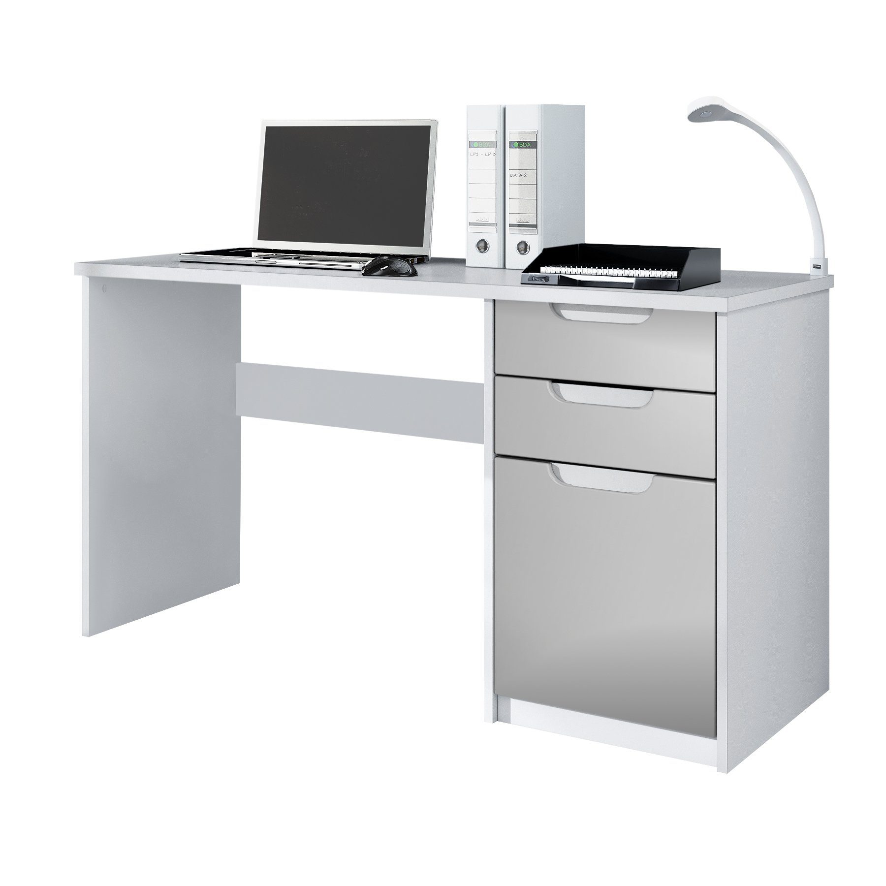 Vladon Schreibtisch Logan (Bürotisch, mit 2 Schubladen und 1 Tür), Weiß matt/Hellgrau Seidenmatt (129 x 76 x 60 cm) Fronten in Hellgrau Seidenmatt