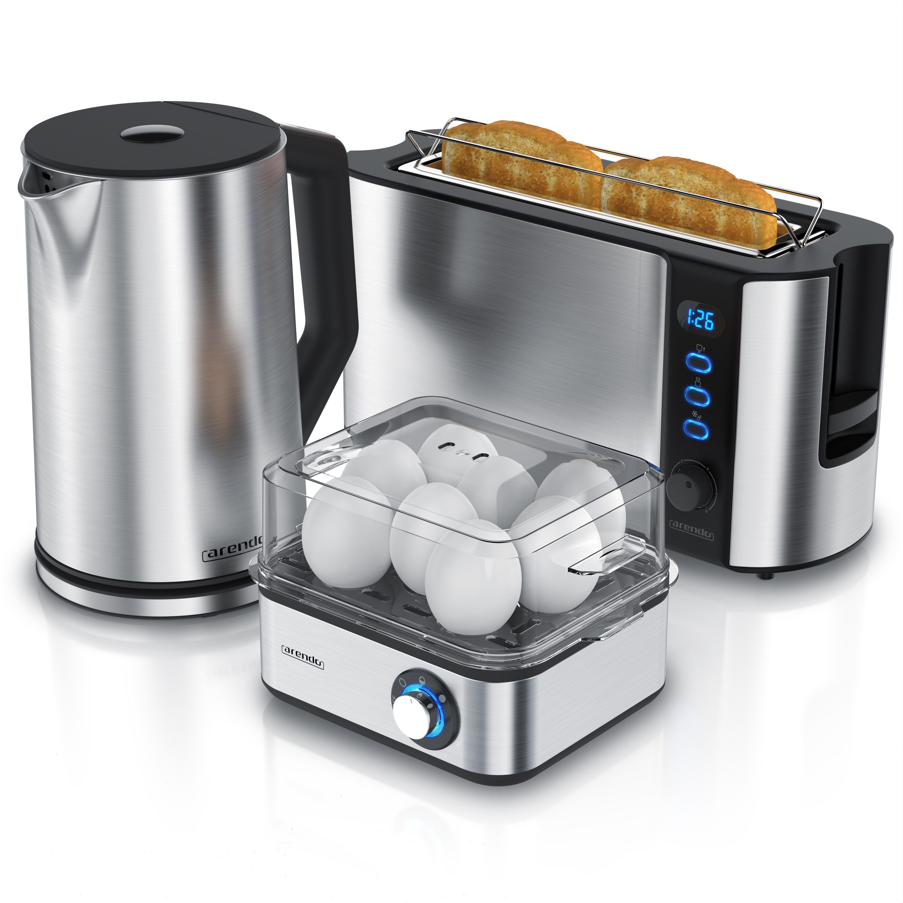 Arendo Frühstücks-Set (3-tlg), Wasserkocher 1,5l / 2-Scheiben Toaster / Eierkocher, Edelstahl, Silber